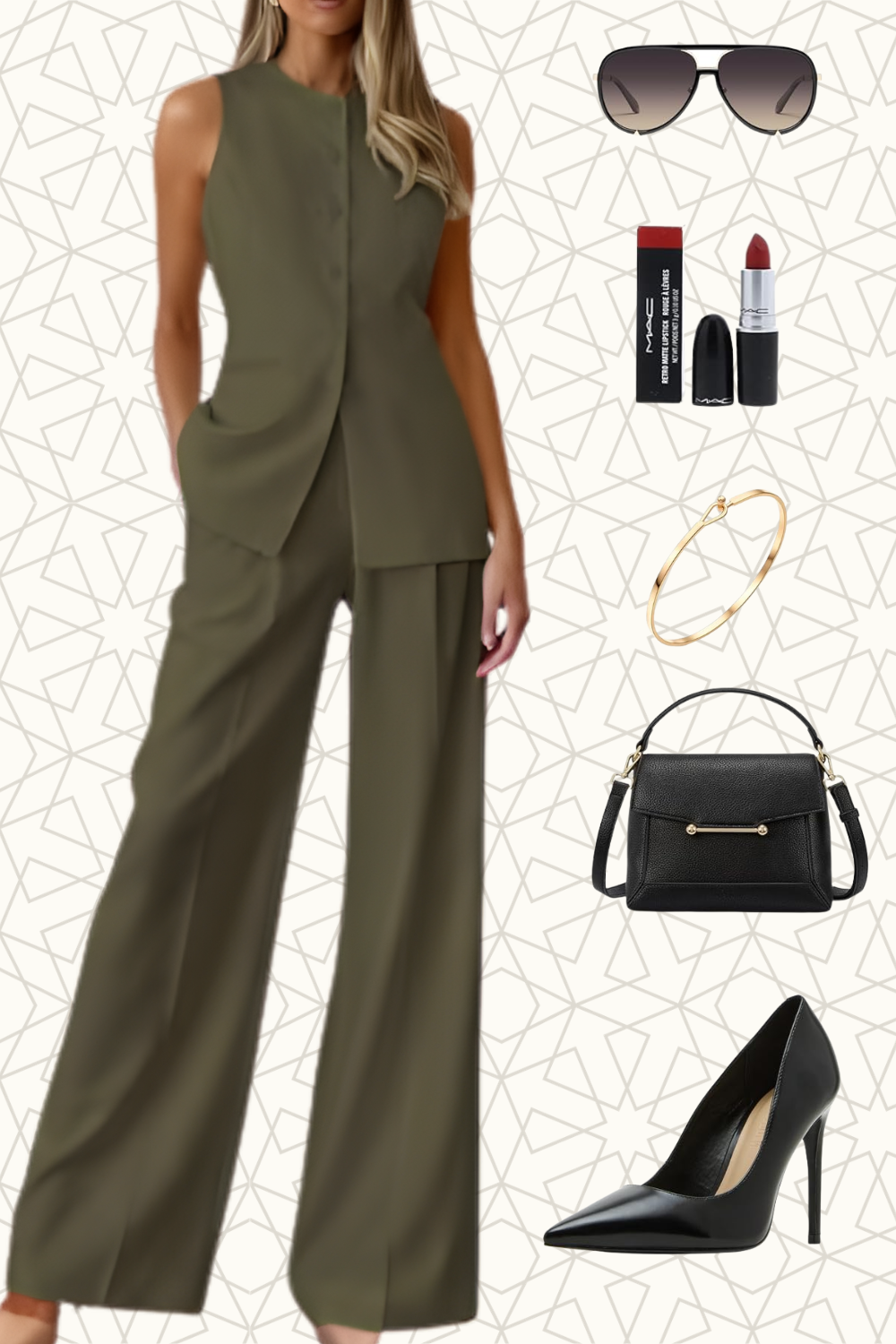 A woman wearing a green sleeveless blazer and matching wide-leg trousers, accessorized with black sunglasses, red lipstick, a gold bracelet, a black handbag, and black high heels.