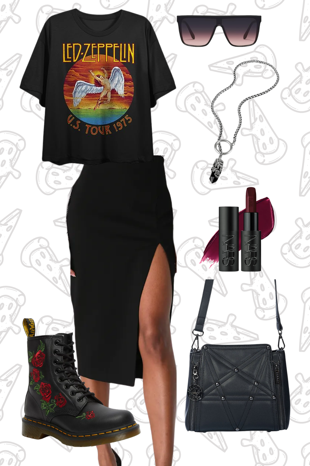Outfit with a black Led Zeppelin tour t-shirt, black skirt with side slit, black combat boots with red rose embroidery, black handbag, sunglasses, silver necklace with black pendant, NARS lipstick and lip gloss, and red lipstick.