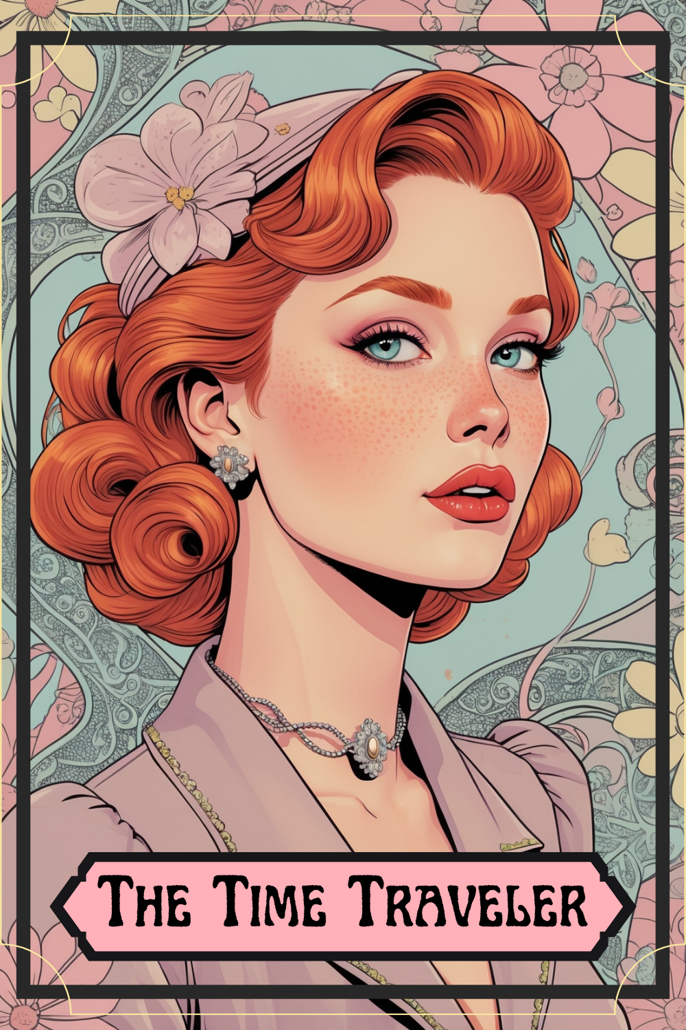 An illustrated woman with red hair styled in vintage waves, wearing pearl and floral jewelry, against a pastel floral background, with a banner reading 'The Time Traveler'.
