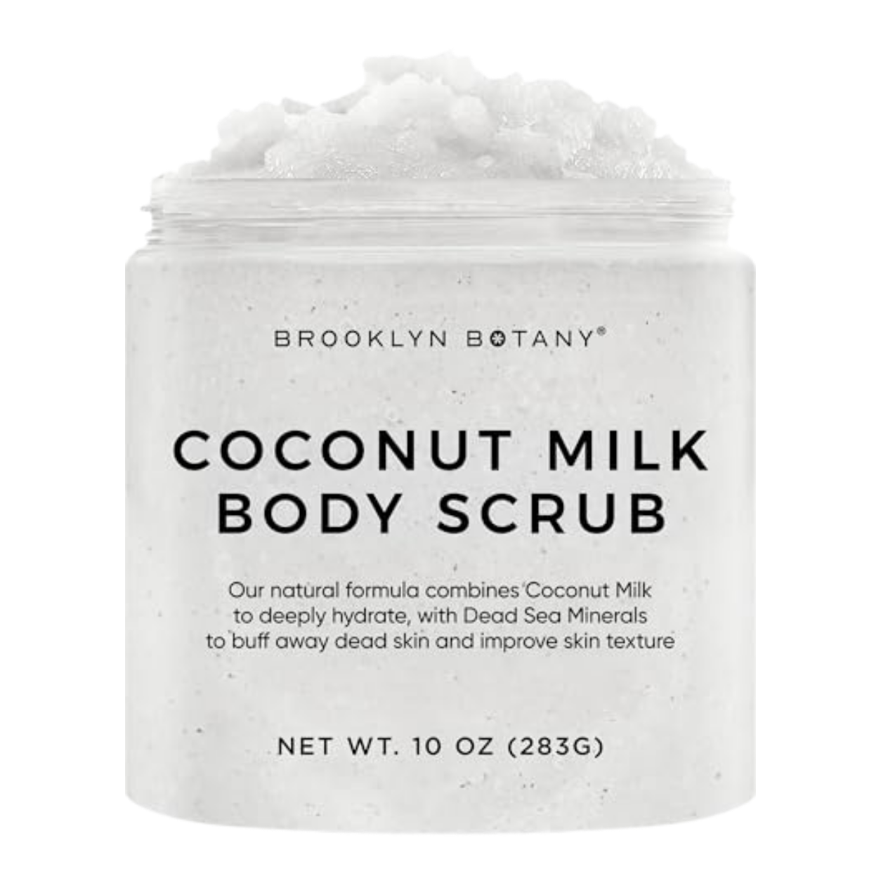 A jar of Brooklyn Botany Coconut Milk Body Scrub with white cream on top, featuring minimalist black and white label design and product description.