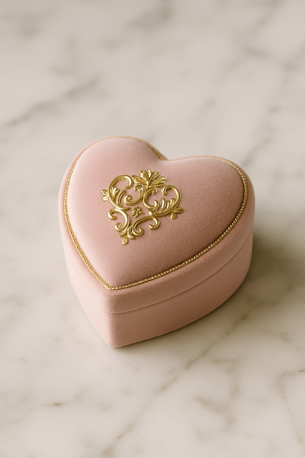 A pink heart-shaped jewelry box with gold ornate decoration on top, resting on a marble surface.