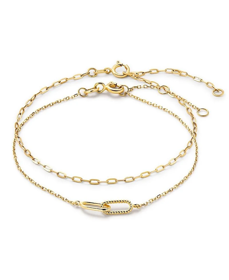 Two gold chain necklaces with different link styles on a white background.