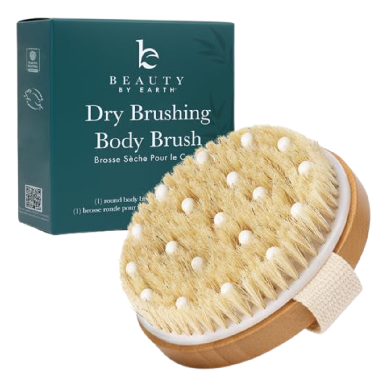 A dry brushing body brush with a wooden handle and soft bristles, alongside packaging labeled 'Beauty by Earth Dry Brushing Body Brush' in English and French.