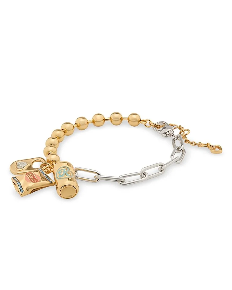 A charm bracelet with gold beads, a gold chain, and various charms including a gold shoe with rhinestones and painted lips, against a white background.