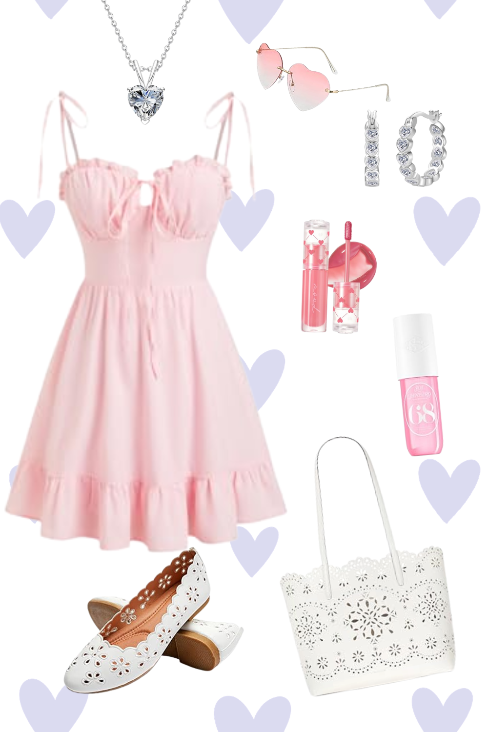 Pink dress, heart-shaped sunglasses, silver jewelry including a necklace and hoop earrings, pink lip gloss, pink nail polish, white handbag with cutout floral pattern, floral white shoes, and pink lipstick.