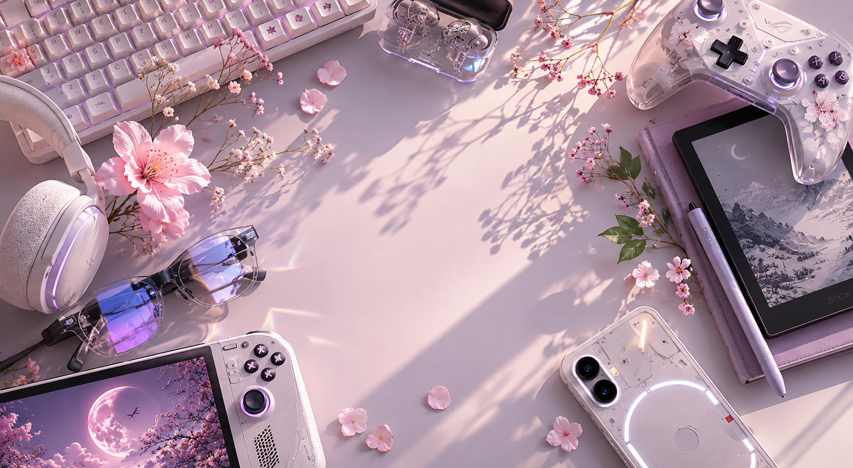 A flat lay of a pink and purple themed workspace featuring a keyboard, gaming controller, headphones, sunglasses, smartphone, a pen, a tablet, and decorative pink flowers with shadows on a white surface.