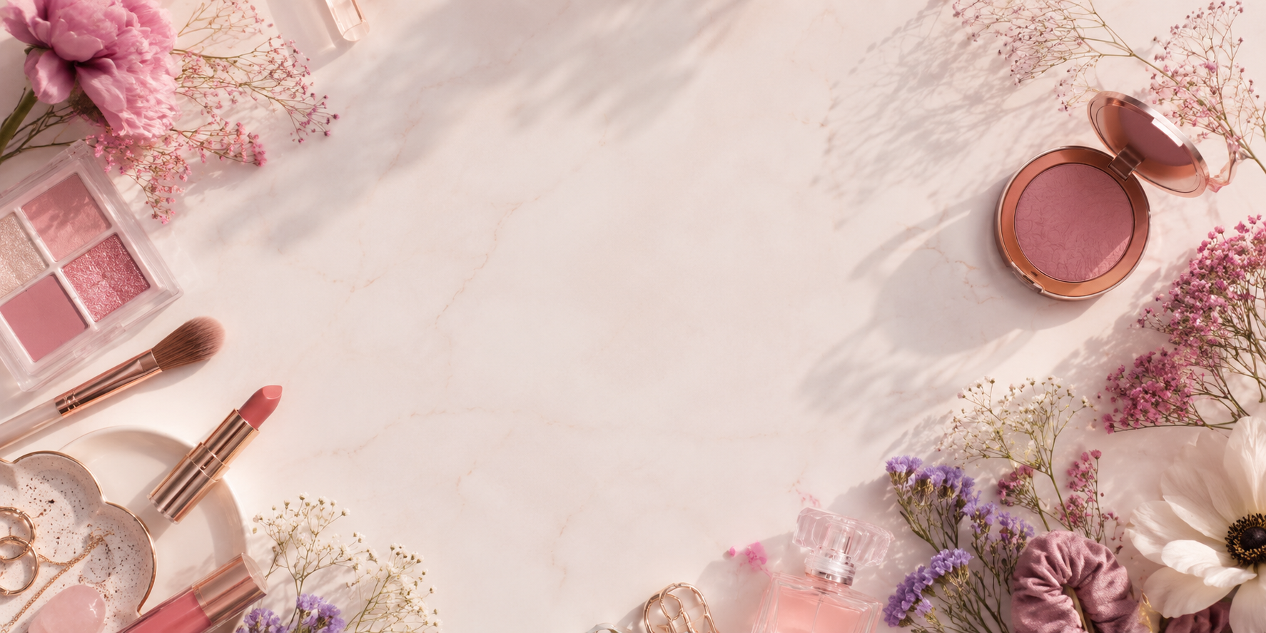 Flat lay of pink makeup products, brushes, and flowers arranged on a marble surface with space in the center.