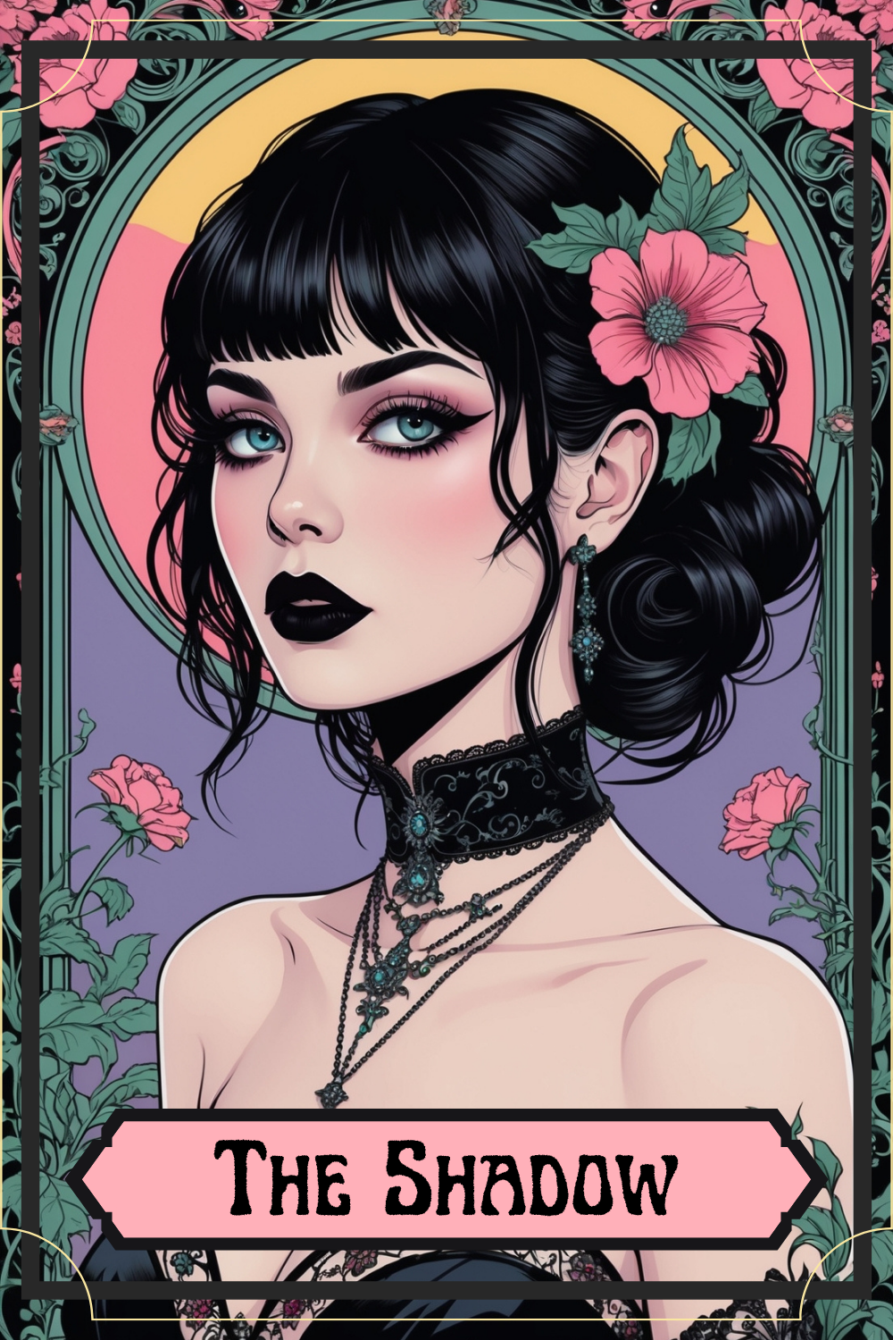 Illustration of a woman with dark hair, blue eyes, and dark lipstick, wearing black lace jewelry and a choker, with pink flowers in her hair, surrounded by decorative floral and vine patterns in pastel colors with a pink banner reading 'The Shadow' at the bottom.