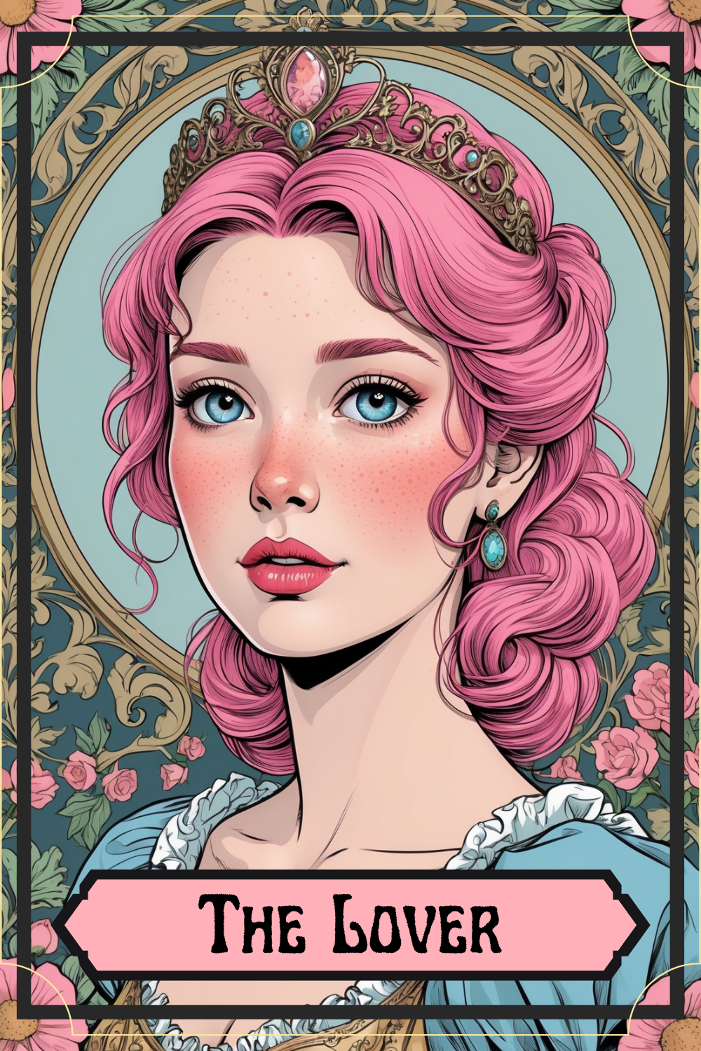 Illustration of a young woman with pink, wavy hair styled in an elegant updo, wearing a crown with pink and blue gemstones. She has bright blue eyes, fair skin with freckles, and is dressed in a blue gown with ruffled white trim. The background features an ornate mirror frame and pink roses. The image includes the text "The Lover".