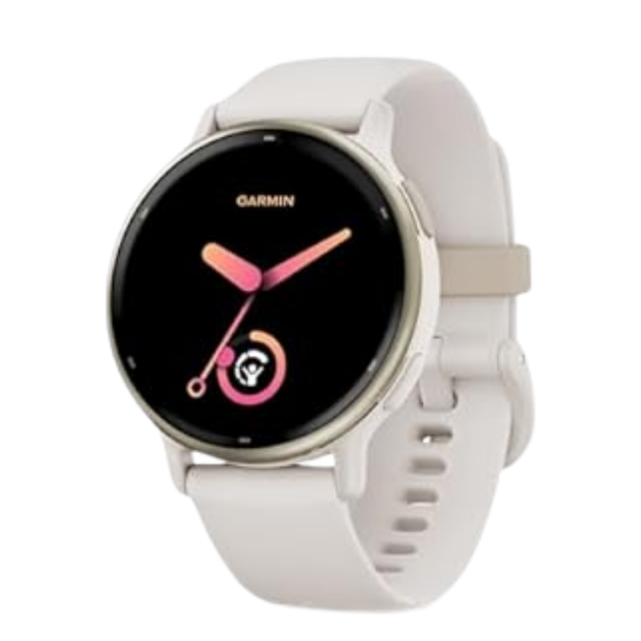 White Garmin smartwatch with a black round display showing pink and orange analog-style clock hands, a small heart rate monitor icon, and the Garmin logo at the top.