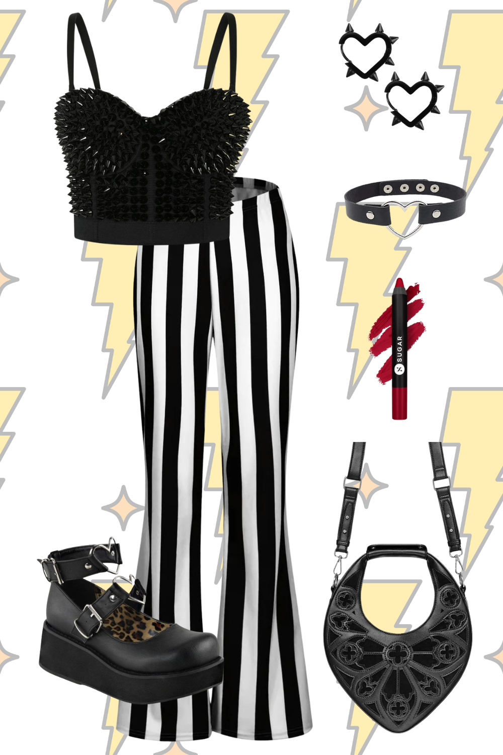 Fashion outfit with black and white striped wide-leg pants, a black spiked crop top, black platform shoes with animal print accents, and accessories including heart-shaped studded earrings, a black choker, a black handbag with cut-out details, and bold red lipstick.