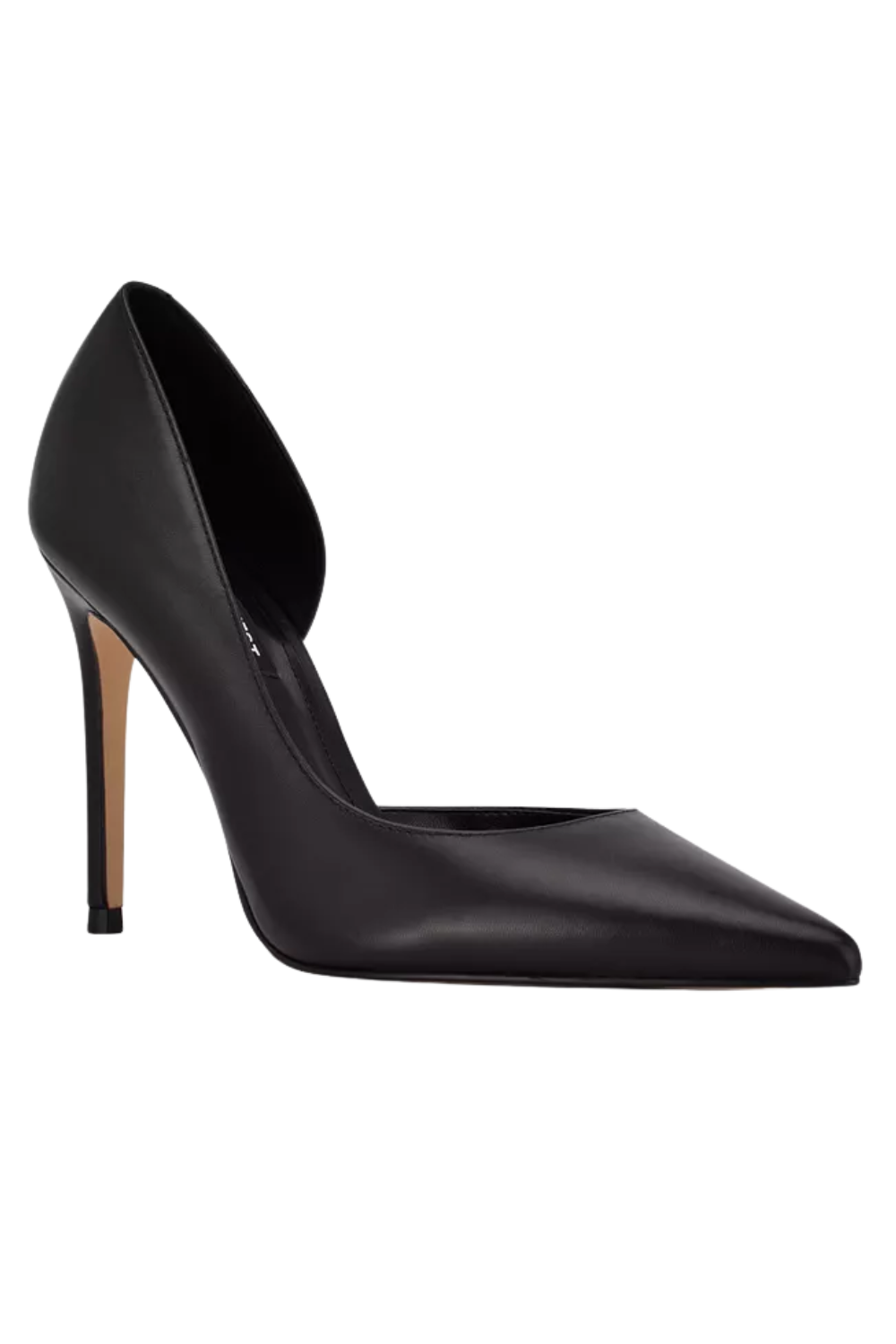 Black high-heeled shoe with pointed toe and stiletto heel displayed against a white background.
