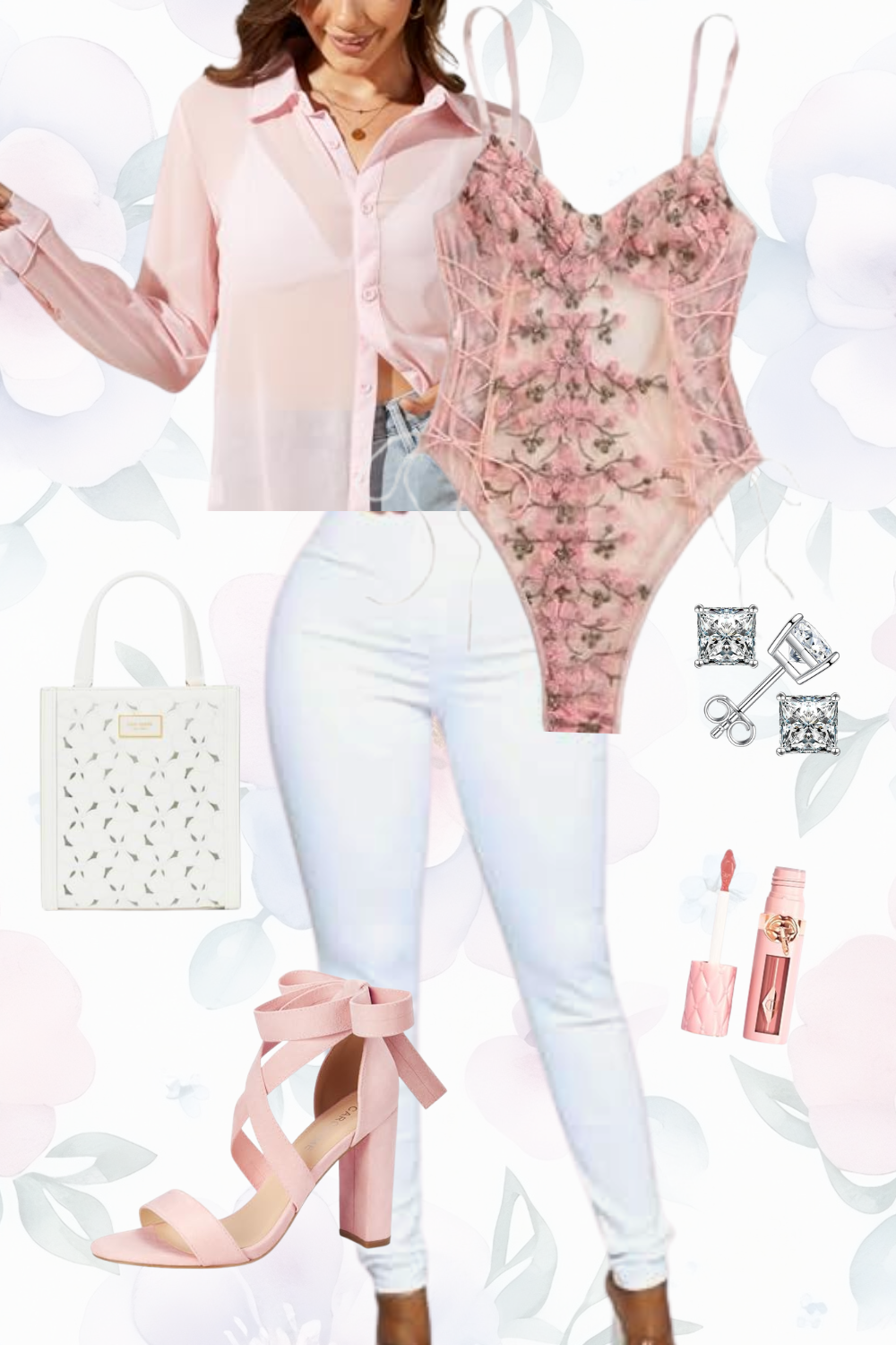 A woman dressed in white jeans and a pink shirt holding a pink floral bodysuit, with pink high-heeled shoes, a white handbag, and jewelry including earrings, a lipstick, and a perfume bottle, set against a background with pink floral patterns.