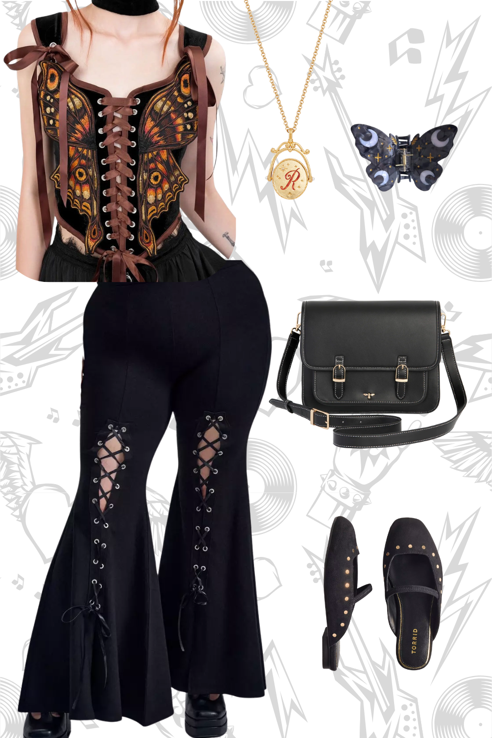 Fashion outfit featuring a butterfly crop top with lace-up detailing, high-waisted black bell-bottom pants with lace-up details on the legs, black shoes with gold studs, a black shoulder bag, and jewelry including a gold necklace with an initial pendant and a butterfly-shaped hair clip.