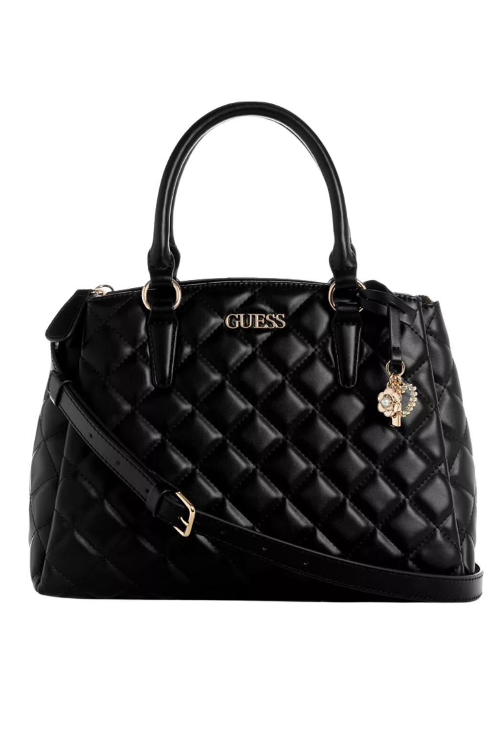 Black quilted Guess handbag with gold accents, decorative charm, and shoulder strap.