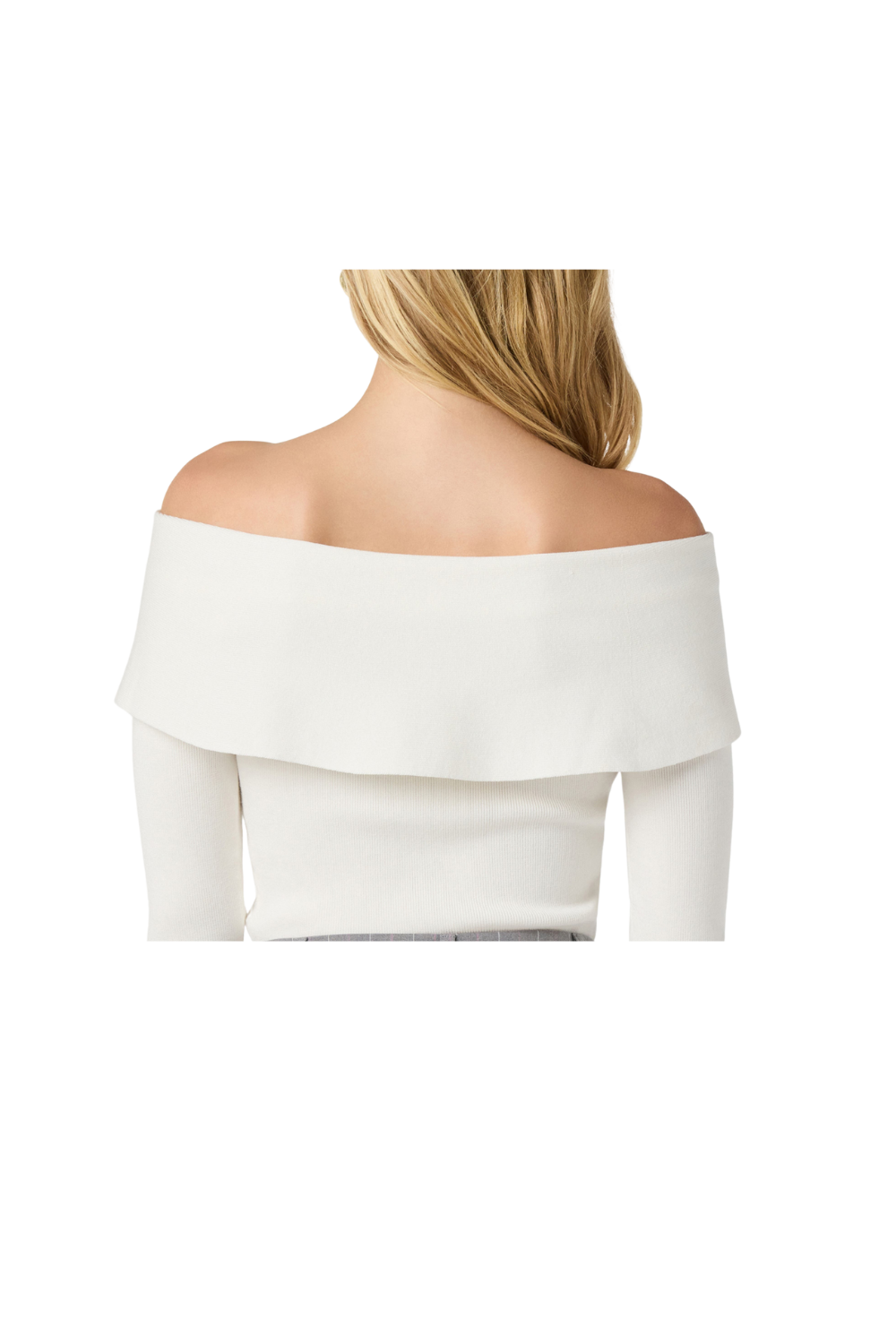 Back view of a woman with blonde hair wearing an off-the-shoulder white top.