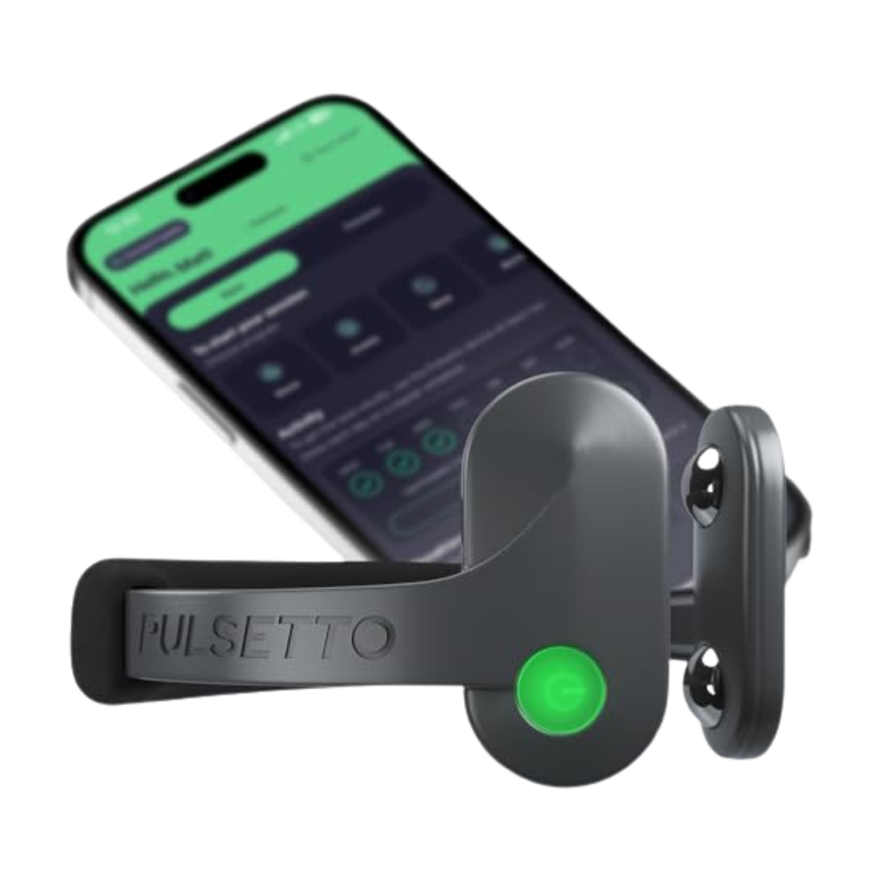 A tethered pulse oximeter device with a green indicator light and a smartphone displaying a health app in the background.