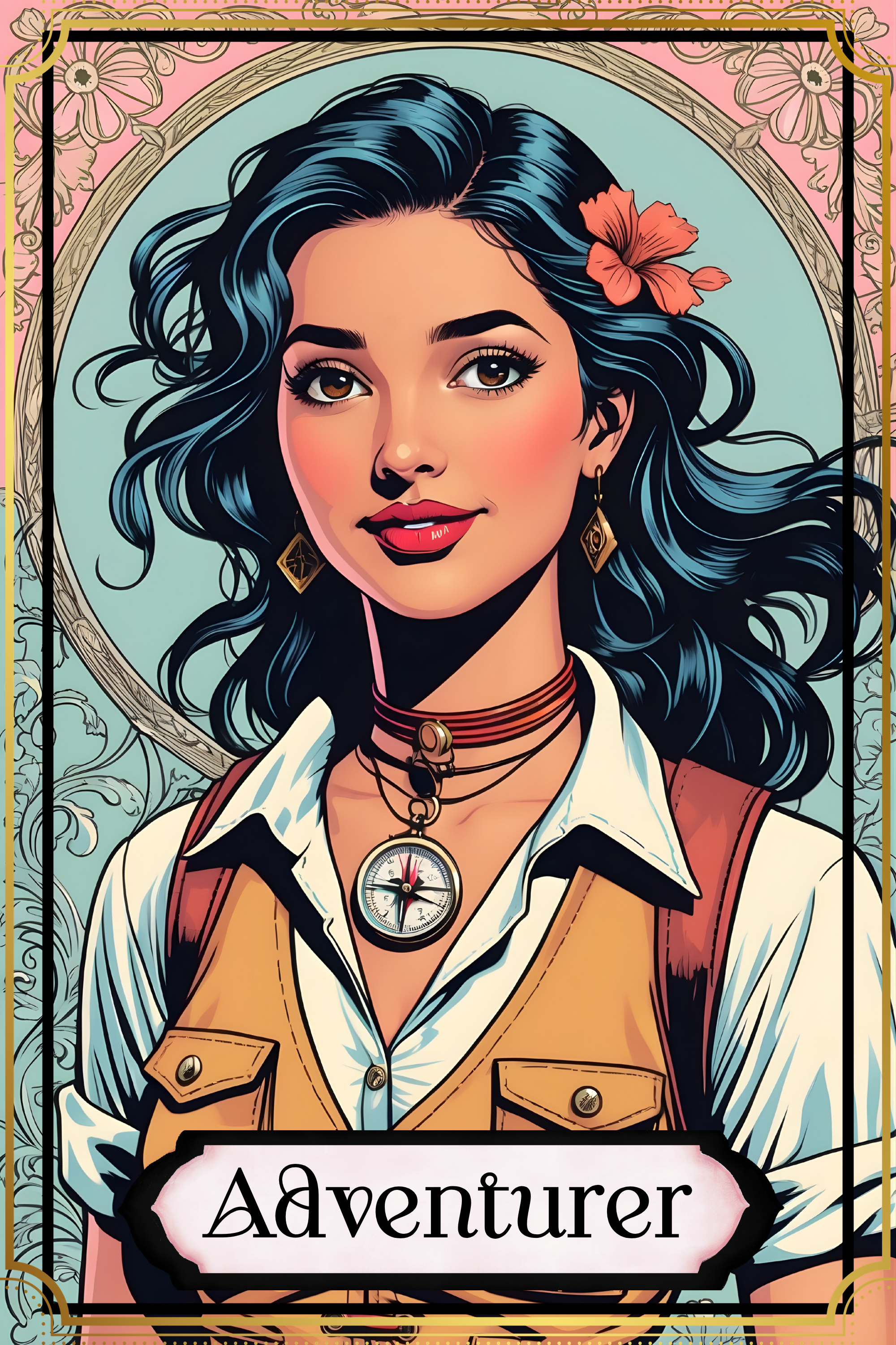 Colorful illustration of a confident young woman with dark, wavy hair and a flower in her hair, wearing adventure gear with a compass necklace, earrings, and a backpack, labeled 'Adventurer'.