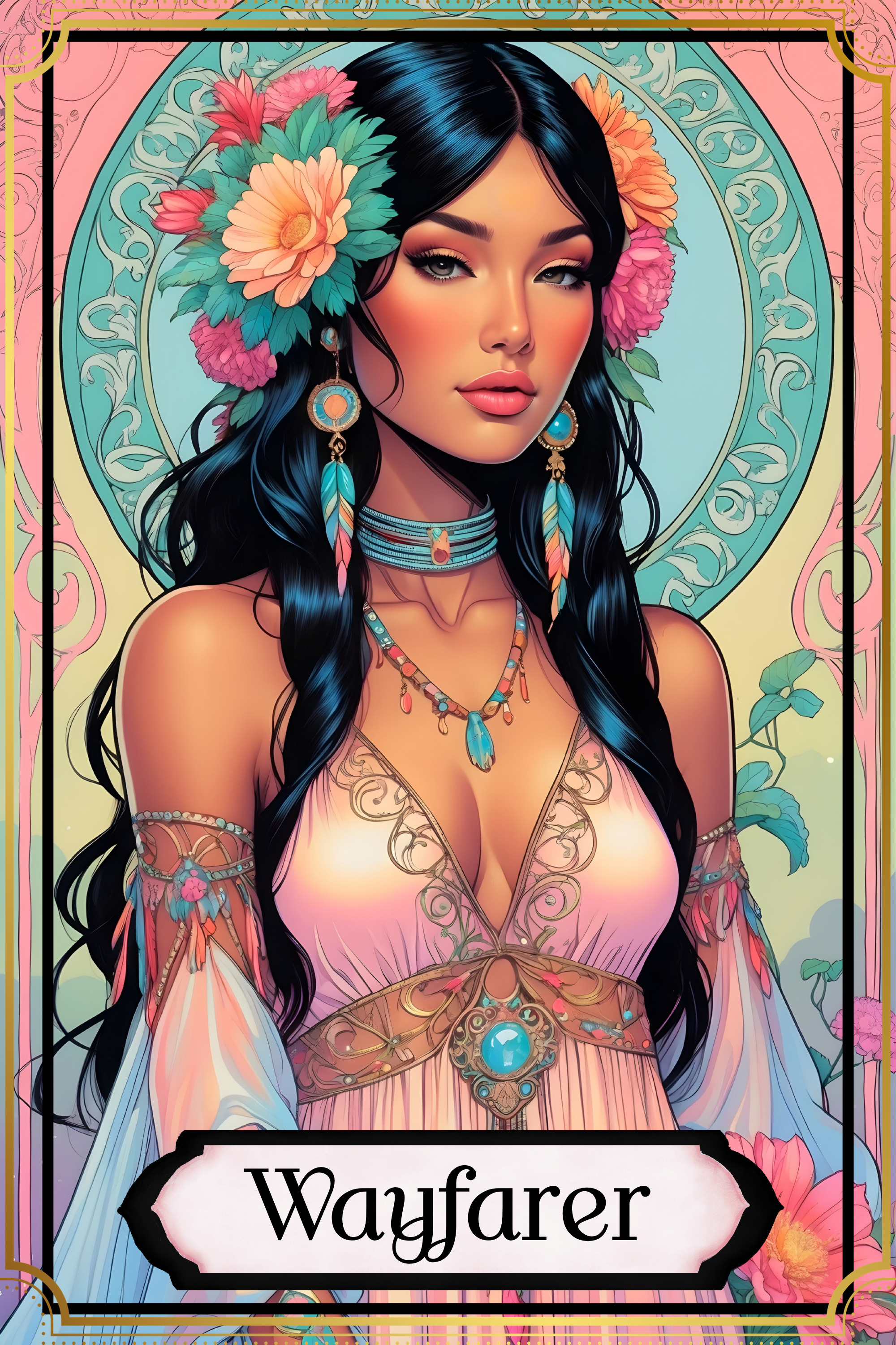 Digital artwork of a woman with long black hair adorned with pink and peach flowers. She wears colorful jewelry, including earrings, necklaces, and a decorative belt, and a flowing, low-cut dress with intricate patterns. The background features a decorative circular pattern and floral elements, and the word 'Wayfarer' is displayed at the bottom.