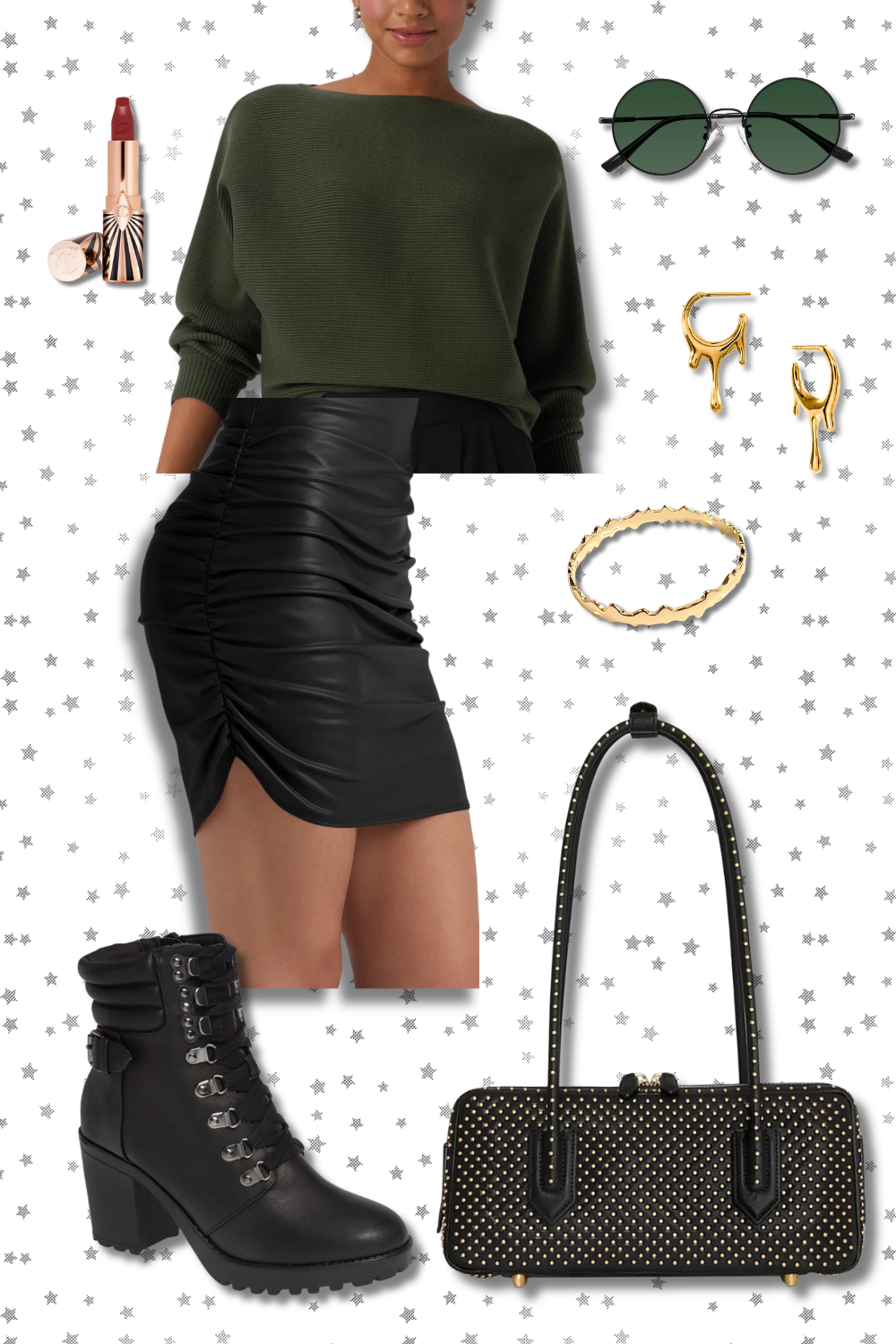 Fashion outfit with a green sweater, black leather skirt, black heeled boots, black studded handbag, round sunglasses with green lenses, gold hoop earrings, a gold bracelet, and a tube of red lipstick.