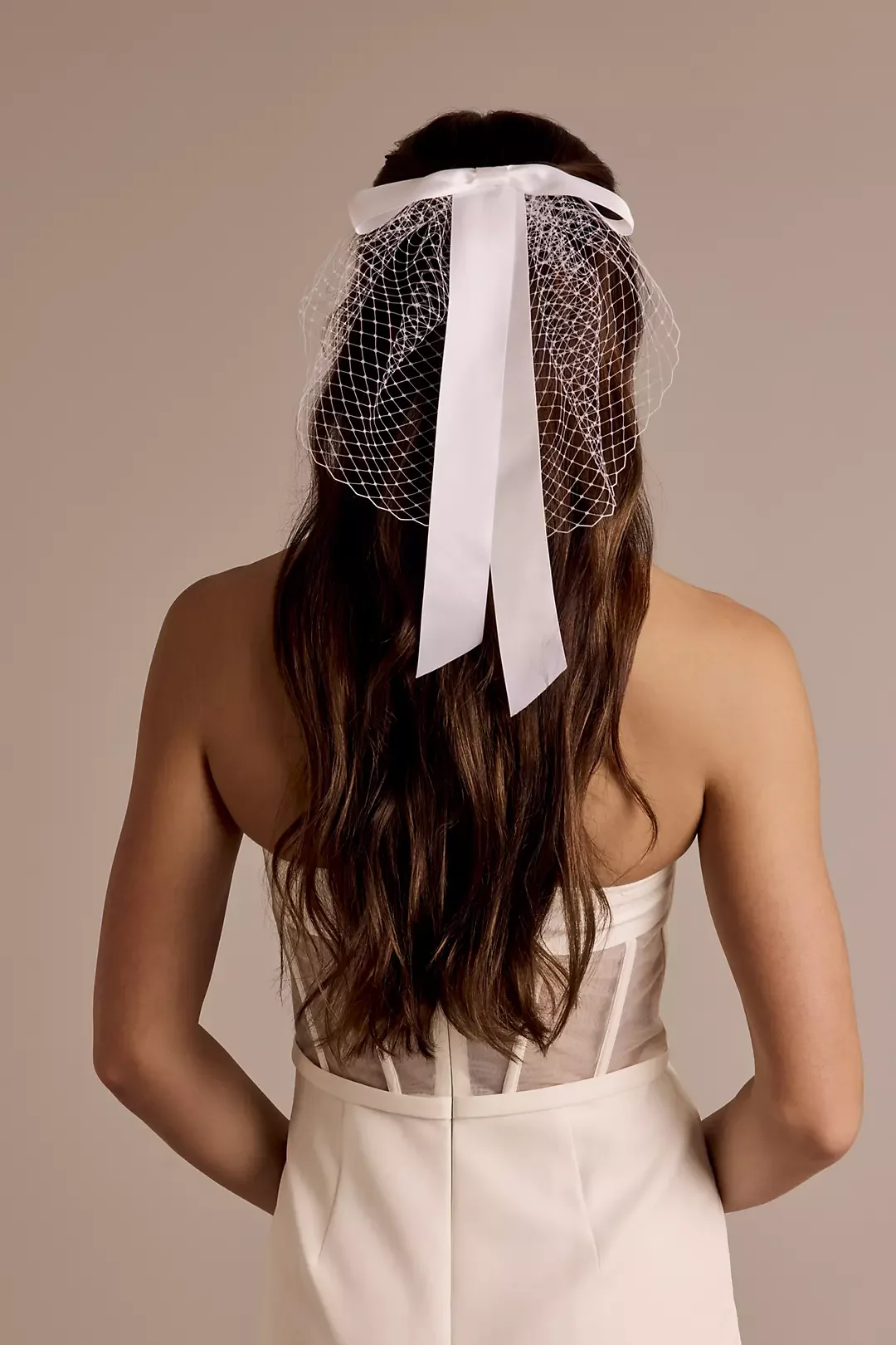 A woman with long, wavy brown hair seen from the back, wearing a white veil with a netted design and ribbon, and a strapless wedding dress.