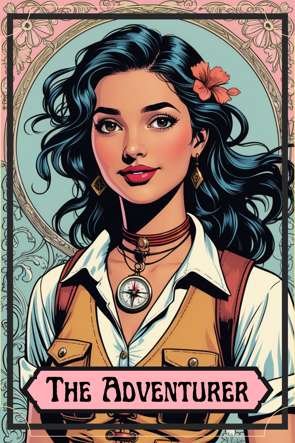 A digital illustration of a young woman with long, wavy black hair adorned with a hibiscus flower, wearing a white shirt with a tan vest, layered necklaces including a compass pendant, and decorated earrings. The background features a circular ornate frame with a pink floral pattern. The text at the bottom reads "The Adventurer."