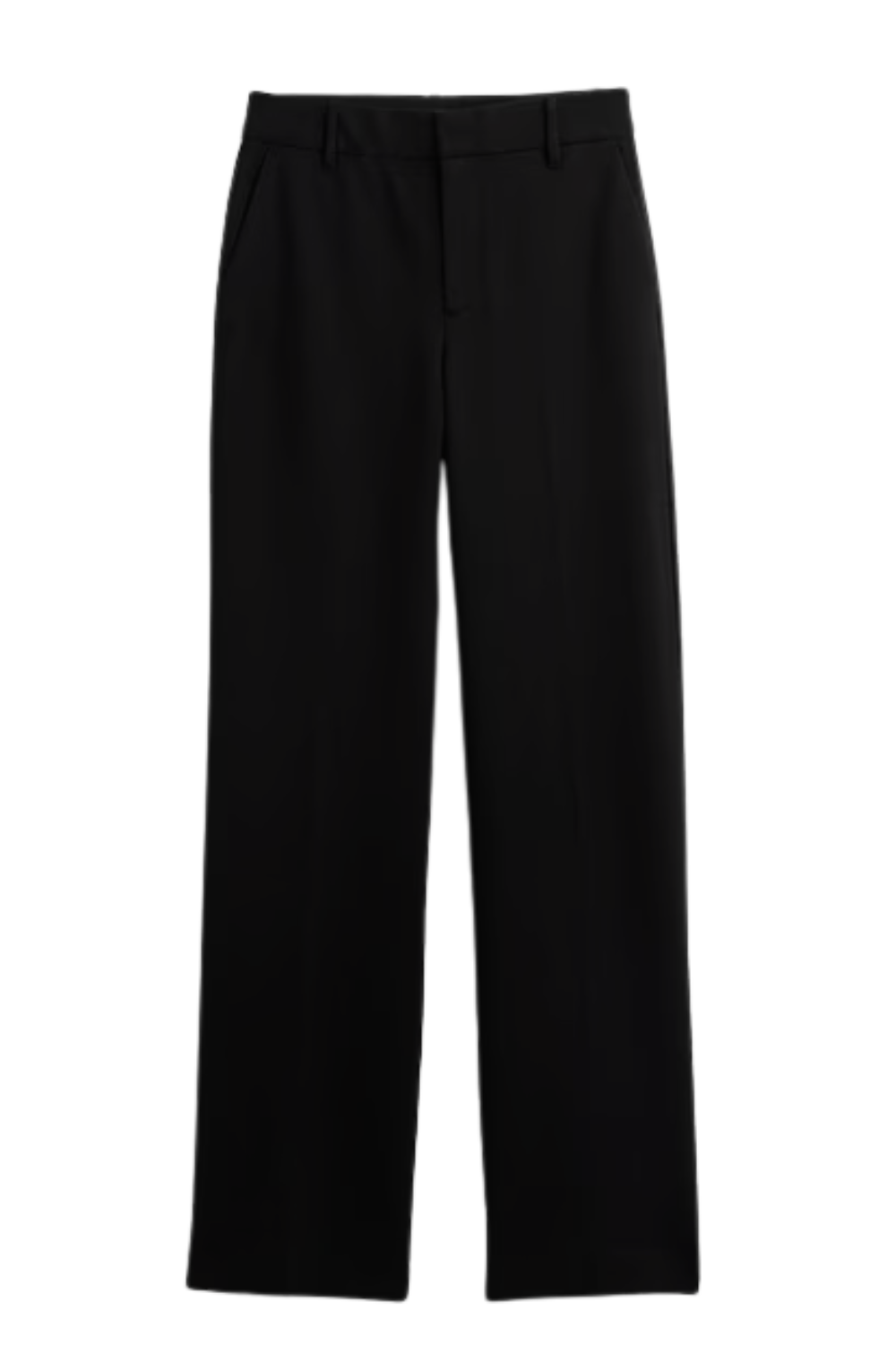 Black high-waisted dress pants with belt loops and front pockets.