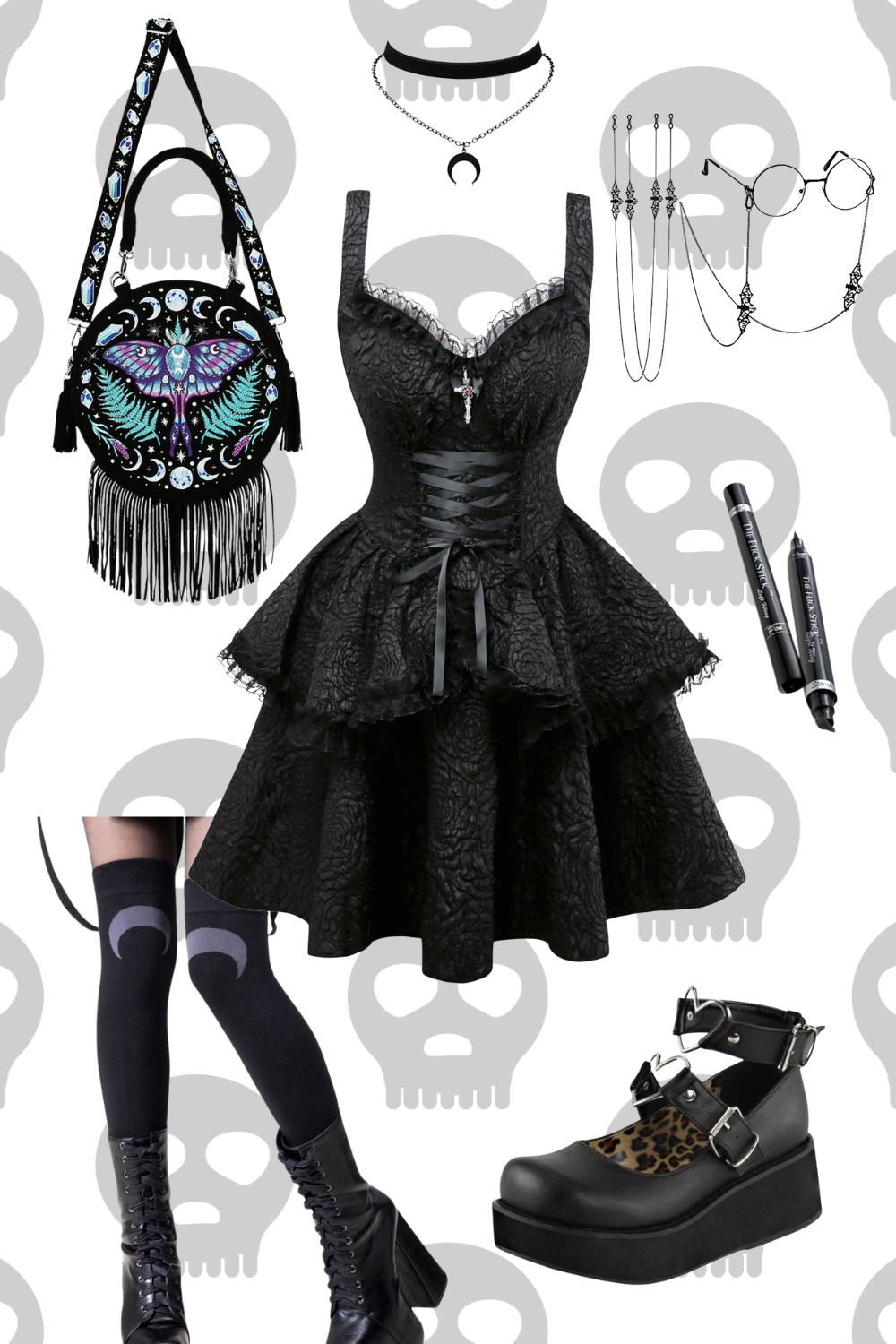Gothic fashion ensemble with a black lace dress, black platform shoes with leopard print, black knee-high socks with moon design, layered jewelry including necklaces and earrings, black fringe bag with celestial and butterfly design, and black markers. The background features a repeating skull pattern.