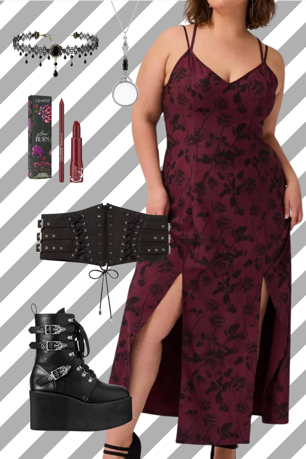 A woman wearing a burgundy floral dress with slits, paired with black platform boots, along with jewelry including a choker, necklace, and ring, and makeup items like lipstick and lip liner for a bold look.