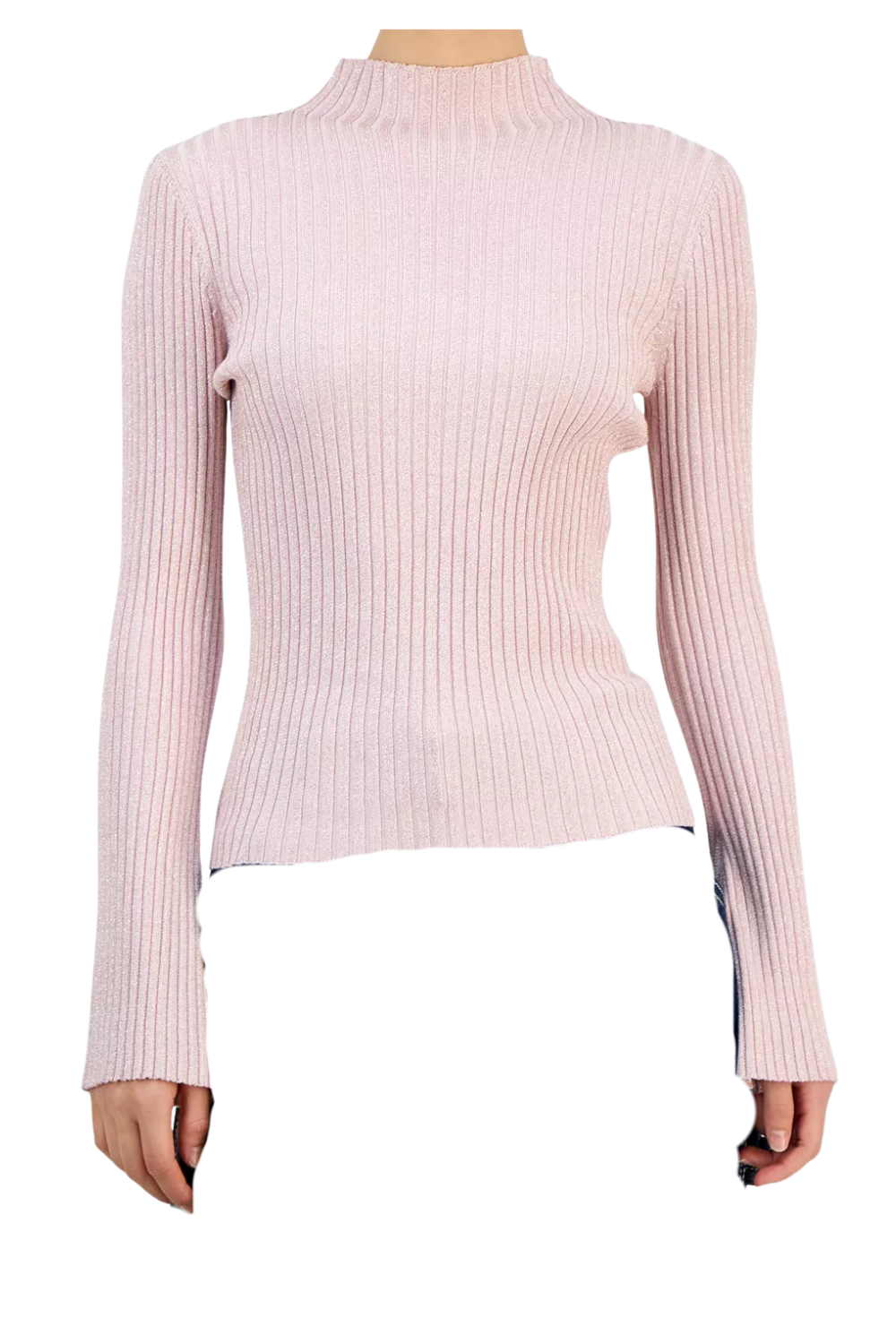 A person wearing a light pink, long-sleeved, ribbed sweater.