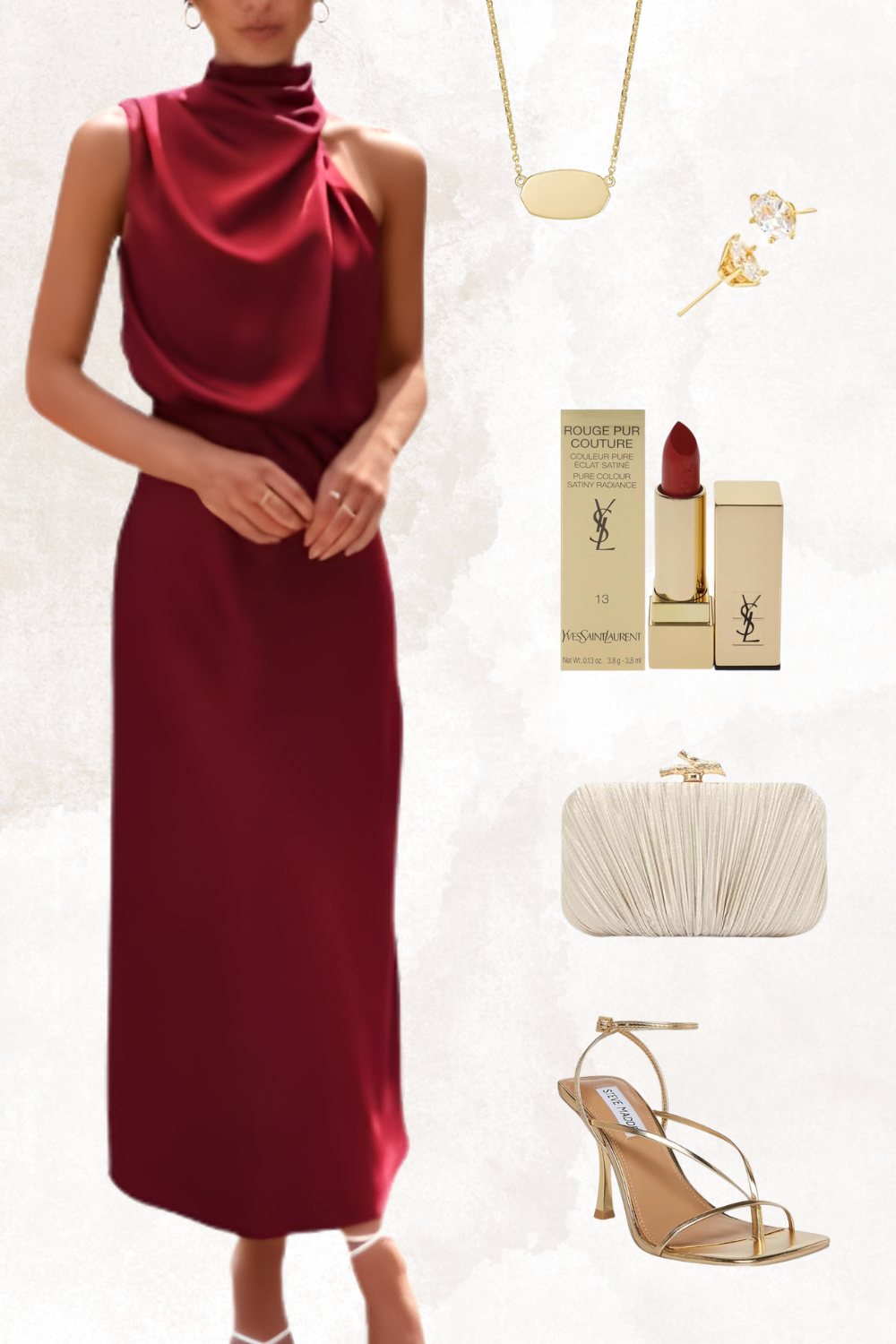 A woman in a sleeveless, high-neck, satin burgundy gown with draped fabric around her neck, wearing white high-heeled sandals. Accessories include a gold oval necklace, diamond stud earrings, a white clutch purse with gold clasp, and gold rings. Items floating beside her include a YSL red lipstick, a champagne-colored textured clutch, and gold jewelry.