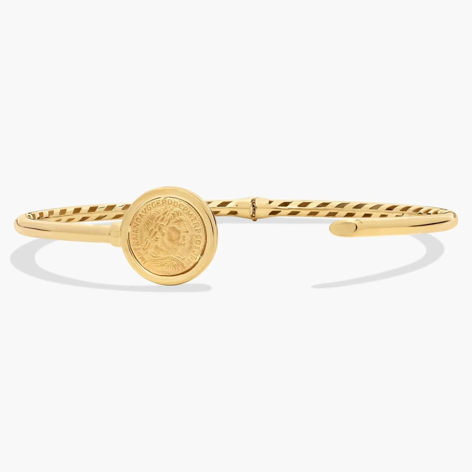 Gold bracelet with a coin featuring a woman's profile and Latin inscription.