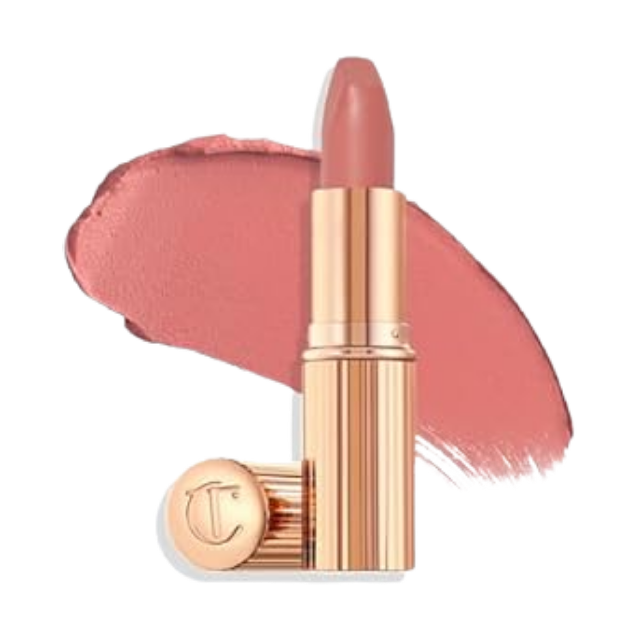 Close-up of a lipstick and a lipstick cap on a pink lipstick tube.