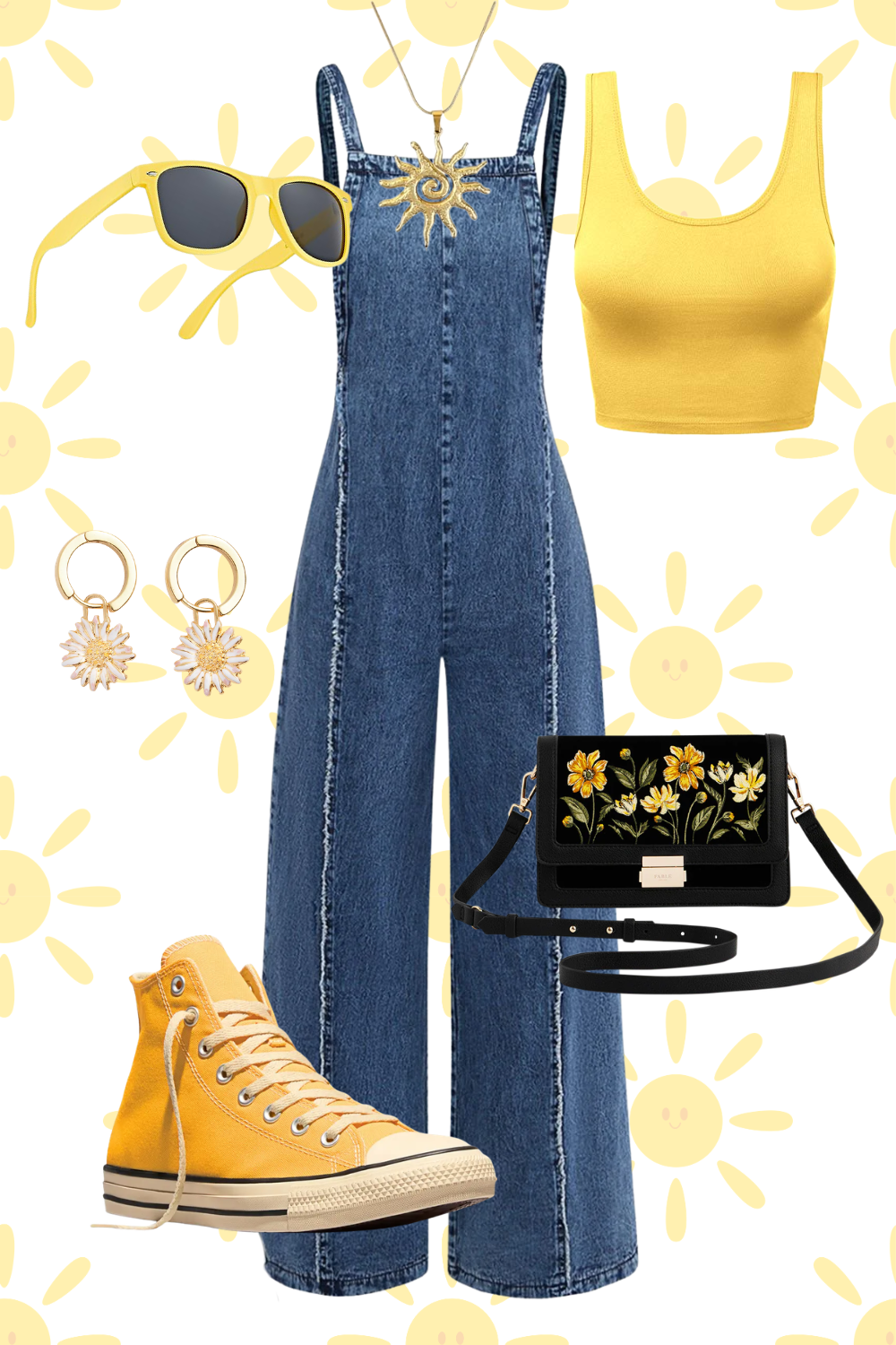 Yellow sunglasses, denim jumpsuit, yellow crop top, daisy earrings, sunflower necklace, black shoulder bag with floral embroidery, yellow high-top sneakers, and patterned background with yellow smiling suns.