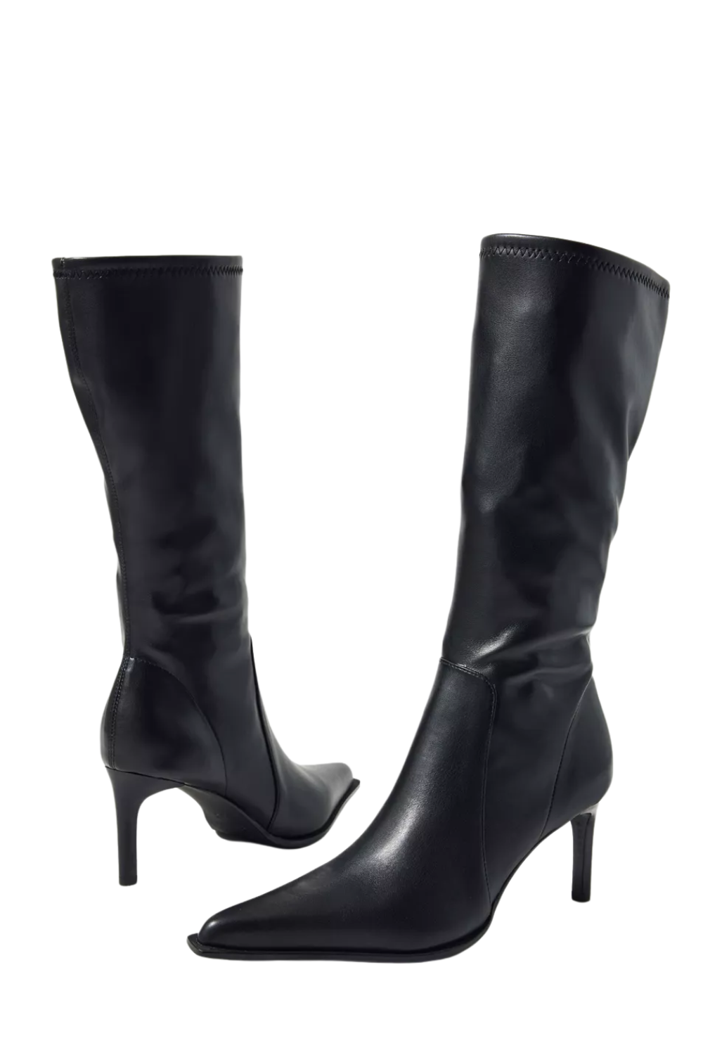 Pair of black knee-high leather high-heeled boots against a white background