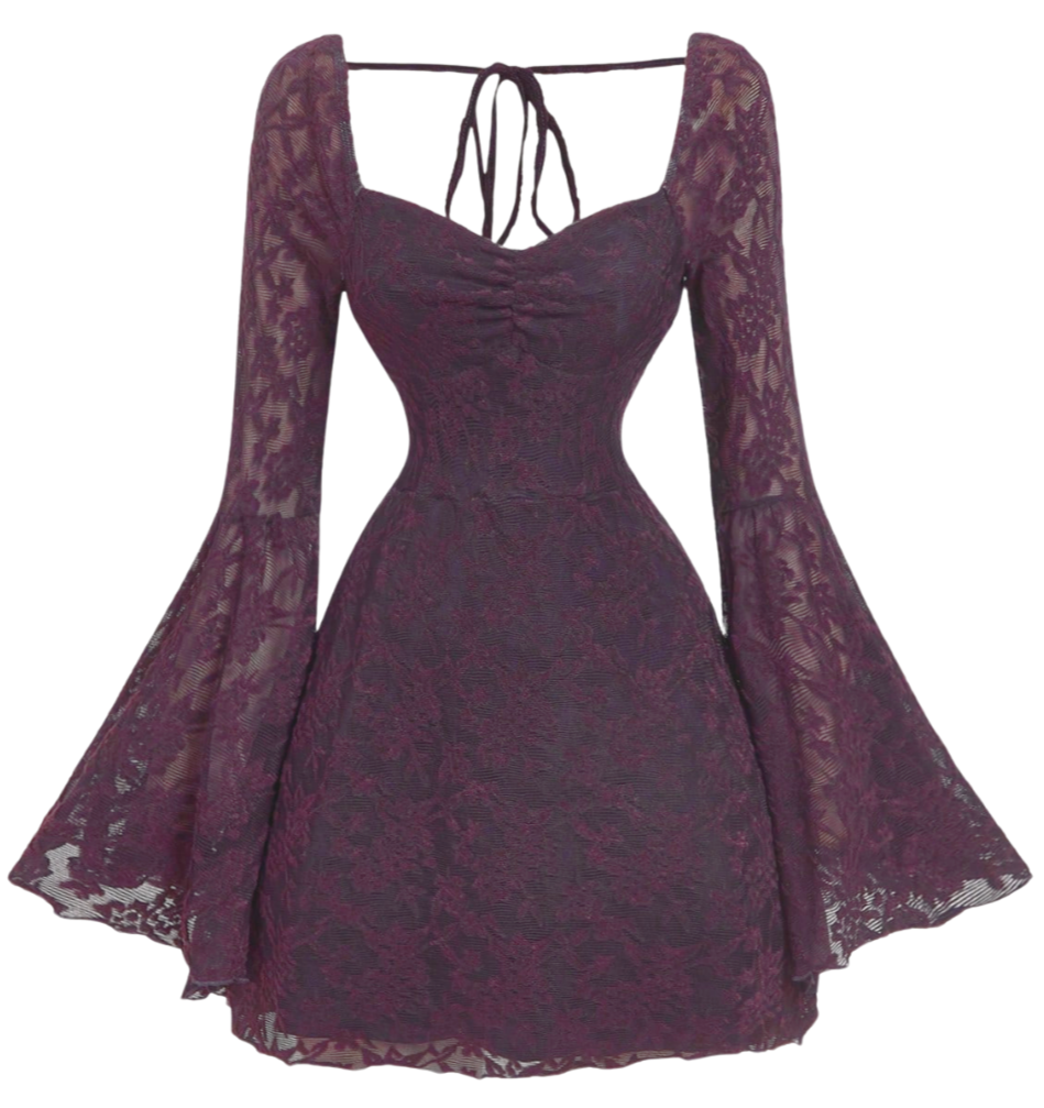 A purple lace dress with long, sheer bell sleeves and a fitted bodice, tied with a string at the neckline.