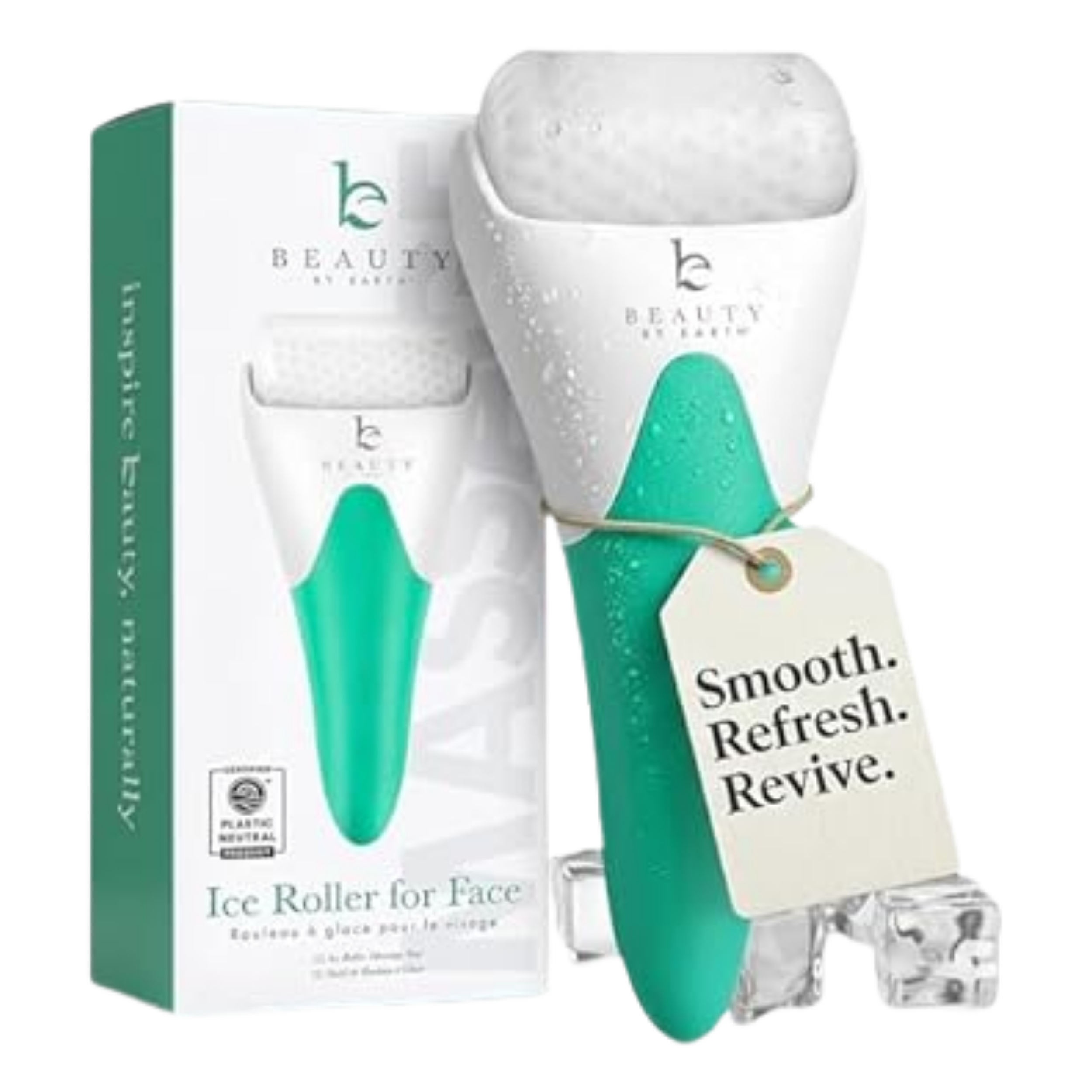 Packaging of an ice roller for face with the roller visible outside the box, featuring a white body and turquoise roller surface, with text indicating its purpose for facial refresh and a small recycling symbol.