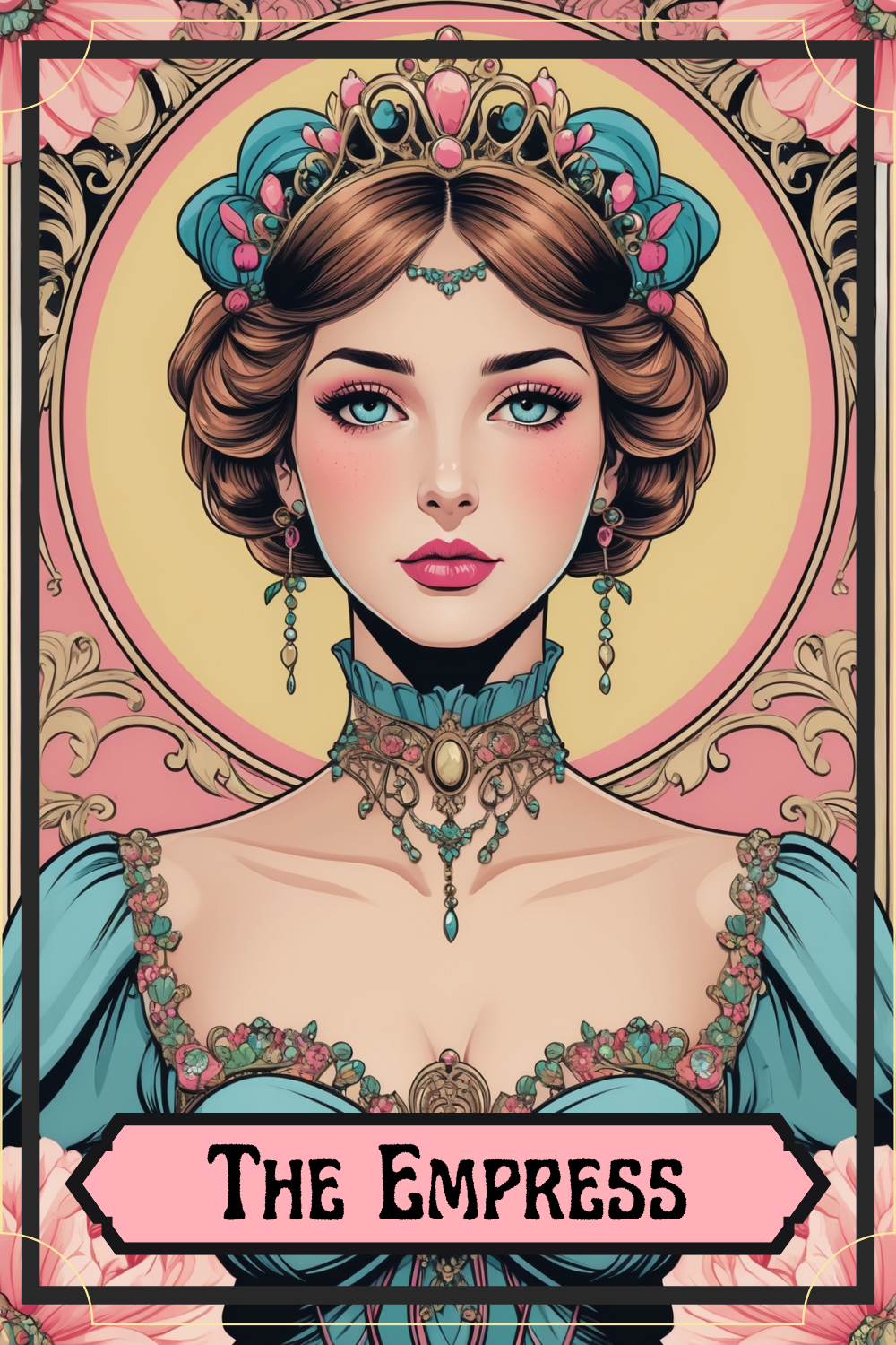 Illustration of a woman with blue eyes, styled as an empress, wearing an ornate crown and jewelry, with a pastel background and the text "The Empress" at the bottom.