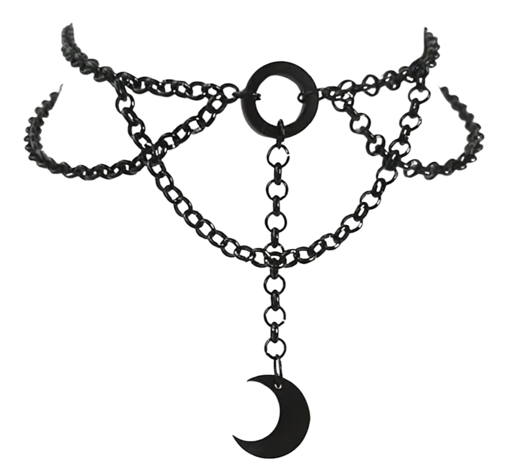 Black layered chain necklace with moon and circle pendants.