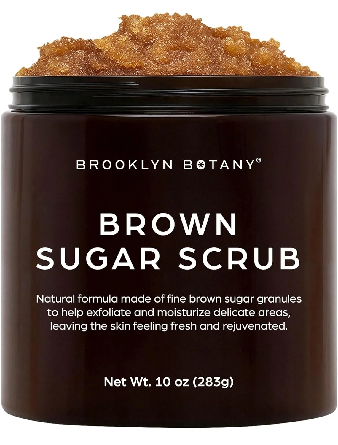 Open container of Brooklyn Botany brown sugar scrub with a brown sugar exfoliant on top.