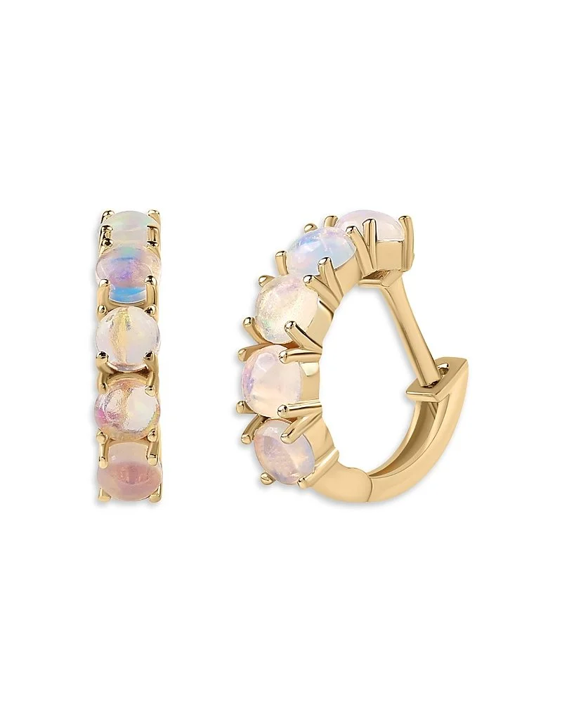Gold hoop earrings with colorful opal stones.