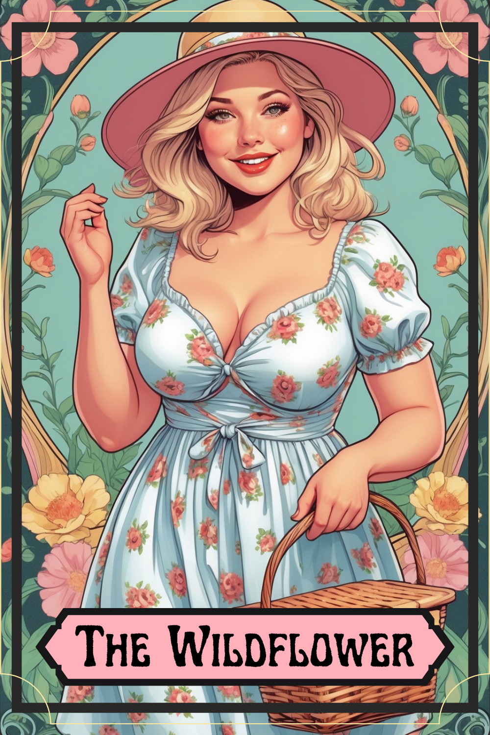 Illustration of a woman in a floral dress and hat holding a basket, surrounded by large flowers, with the text "The Wildflower" at the bottom.
