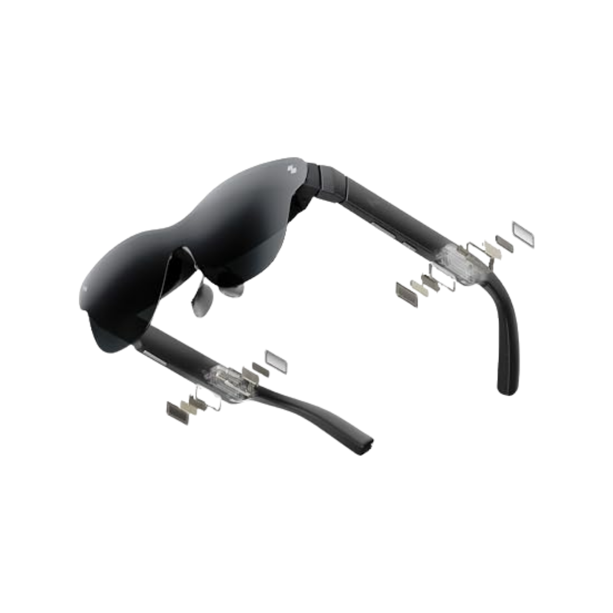 A pair of black sunglasses with broken or damaged parts shown in an exploded view.