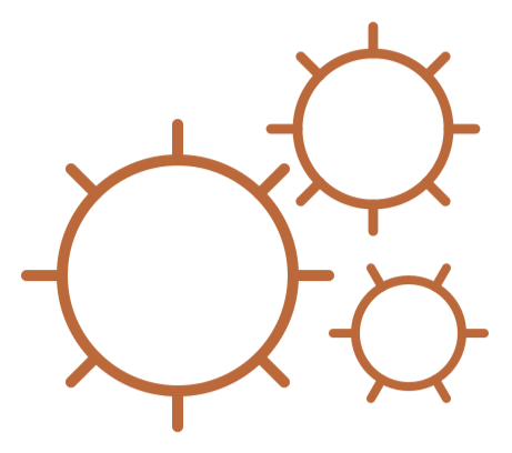 Three brownish-orange spiky circular shapes of different sizes, resembling stylized virus particles or microorganisms.
