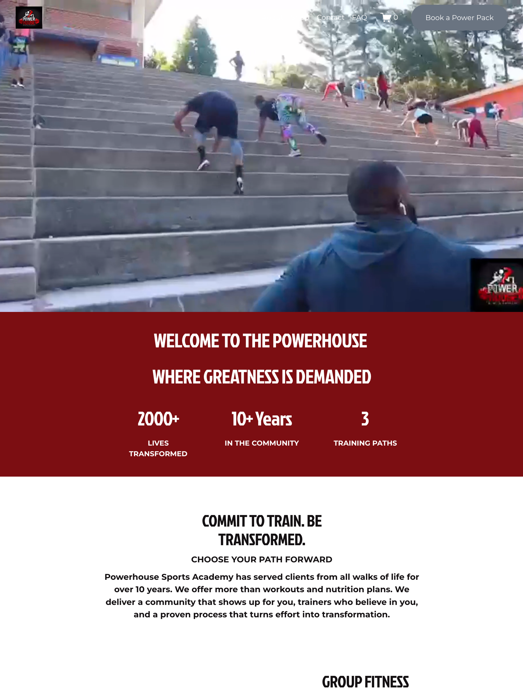 A website homepage for Powerhouse Sports Academy shows a group of people climbing outdoor stairs as part of fitness training. The center features welcoming text emphasizing transformation, community, and training paths, with statistics on clients served and years in operation. The bottom section highlights dedication to client success and community. The logo appears twice, once in the top left corner and once in the bottom right.