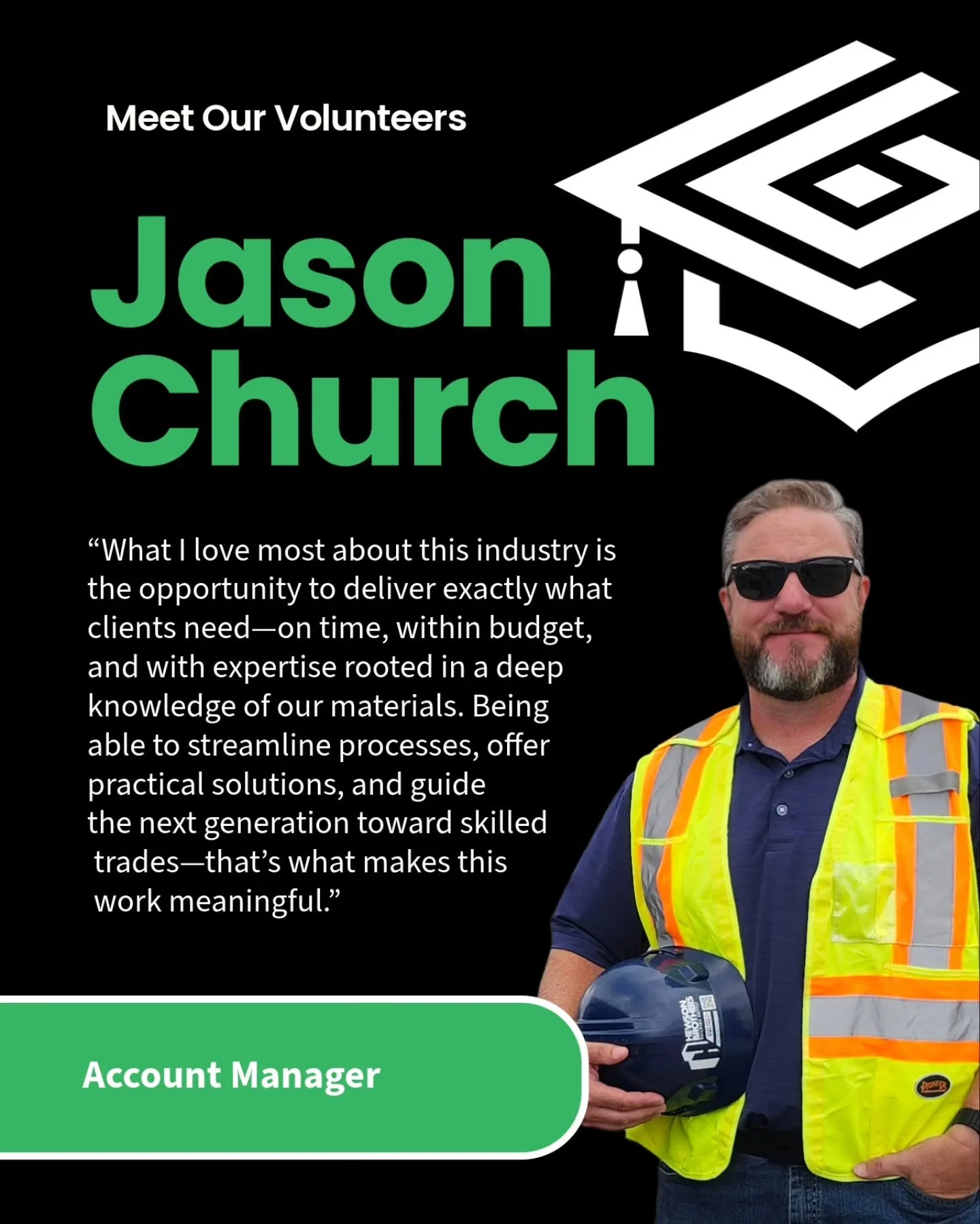 ✨ Volunteer Spotlight ✨
Meet Jason Church , Account Manager at @HewsonBros Building Supply 👷&zwj;♂️

Jason helps contractors across commercial, modular, residential, industrial, and agricultural projects get the right building materials delivered wh