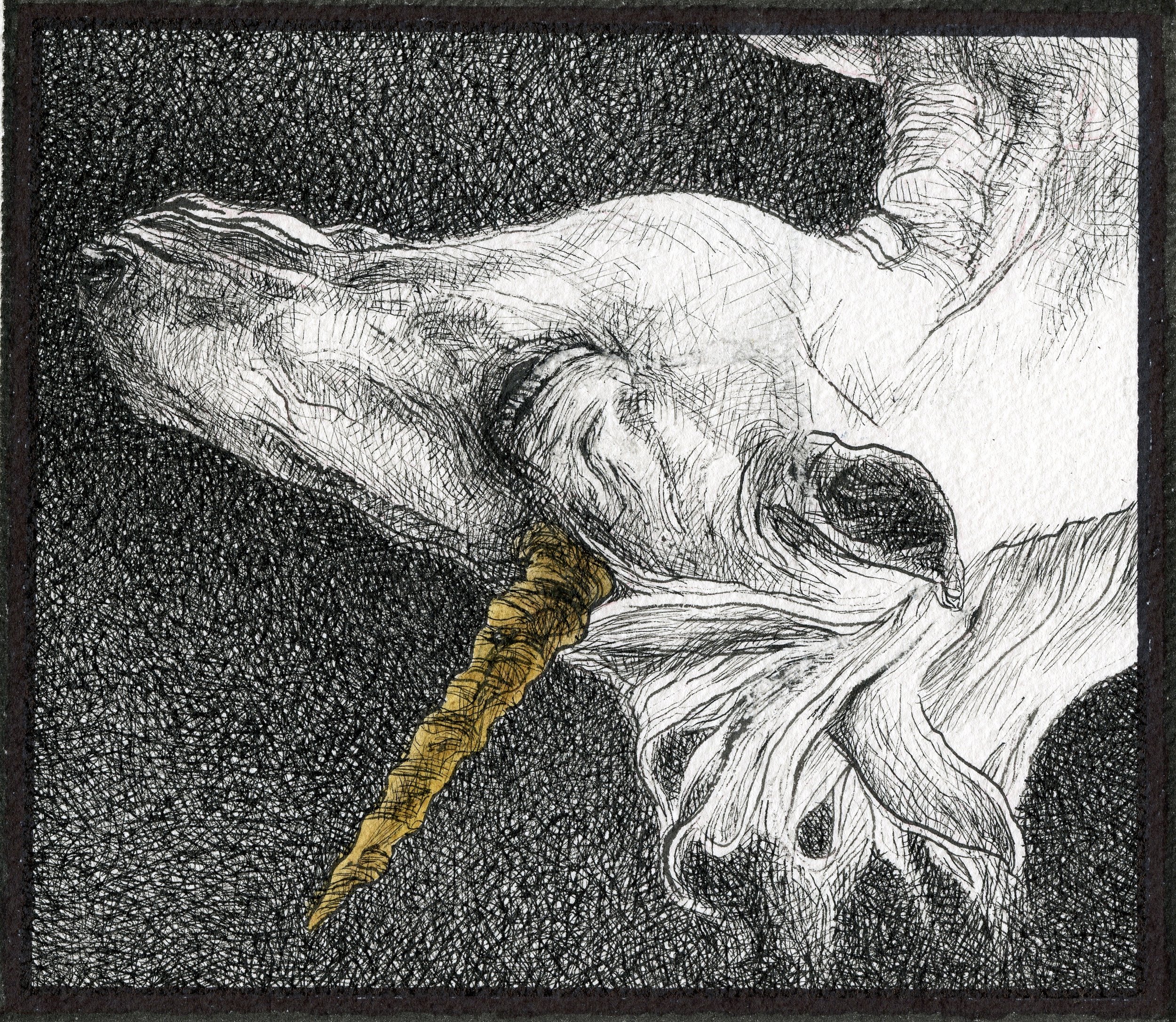 A detailed sketch of a unicorn with a golden horn, lying down on a textured dark background.