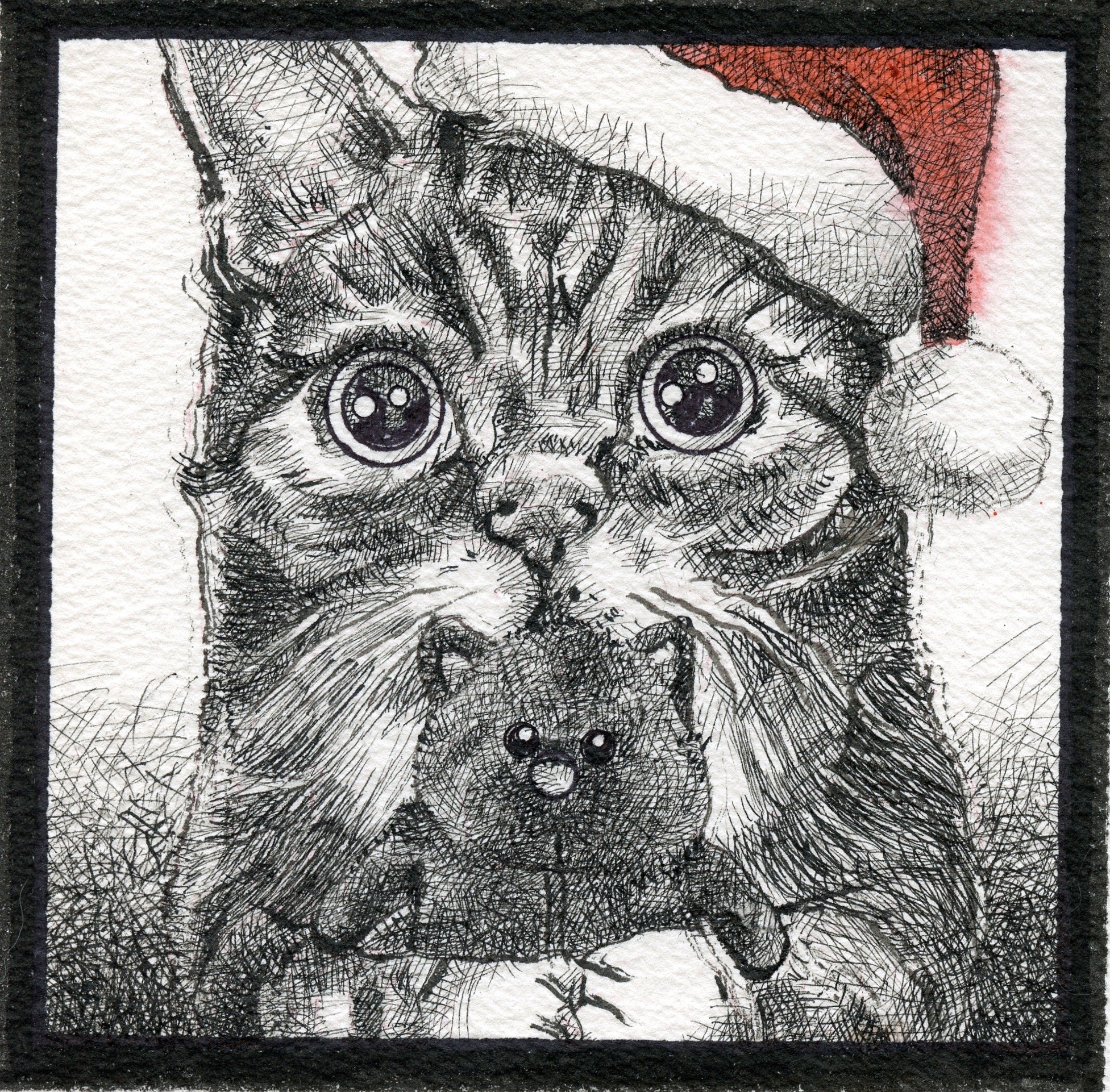 Line drawing of a cat wearing a Santa hat, holding a Christmas ornament in its paw, with enlarged eyes, on textured paper.