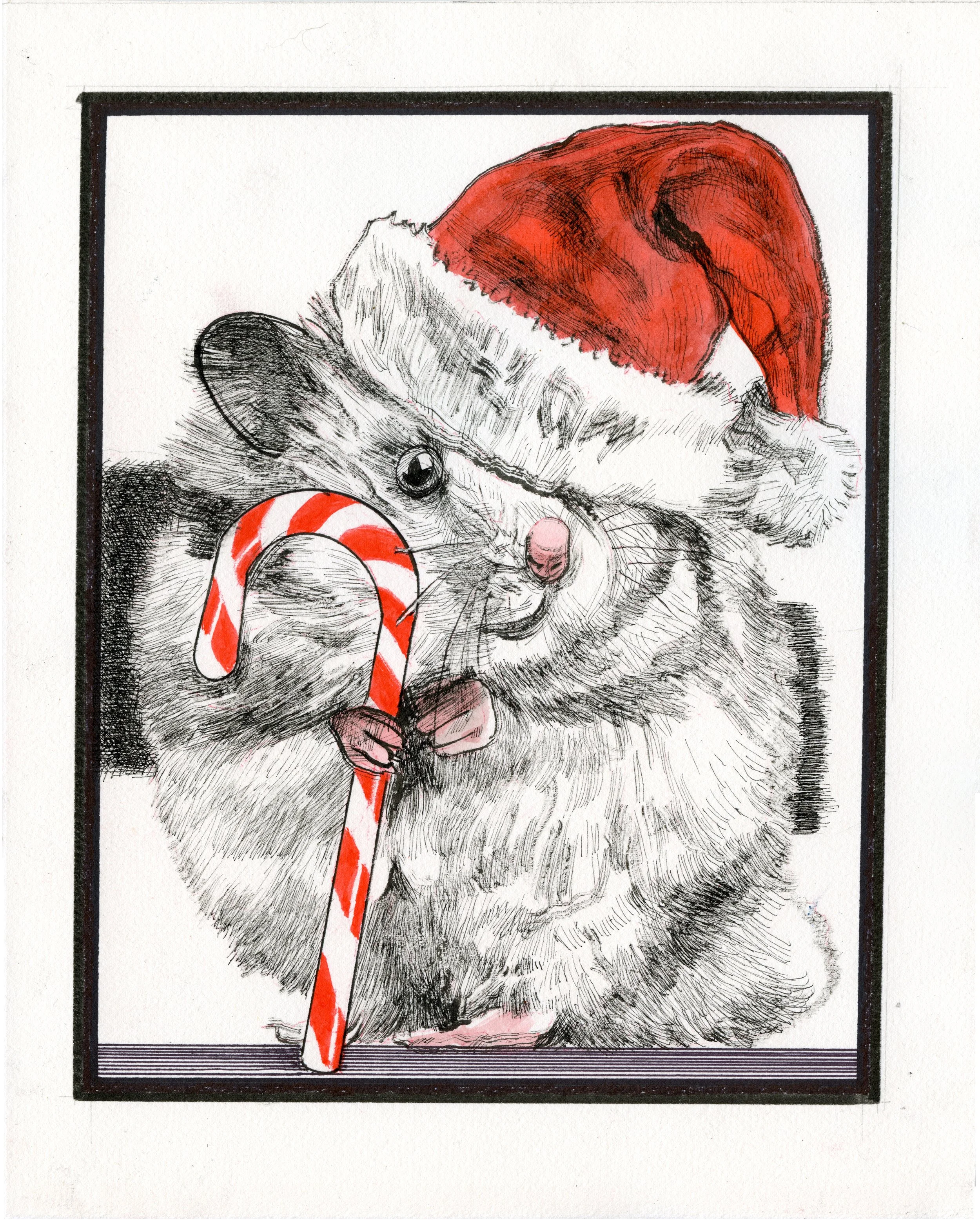 Drawing of a cute hamster wearing a Santa hat, holding a candy cane, with a wink.