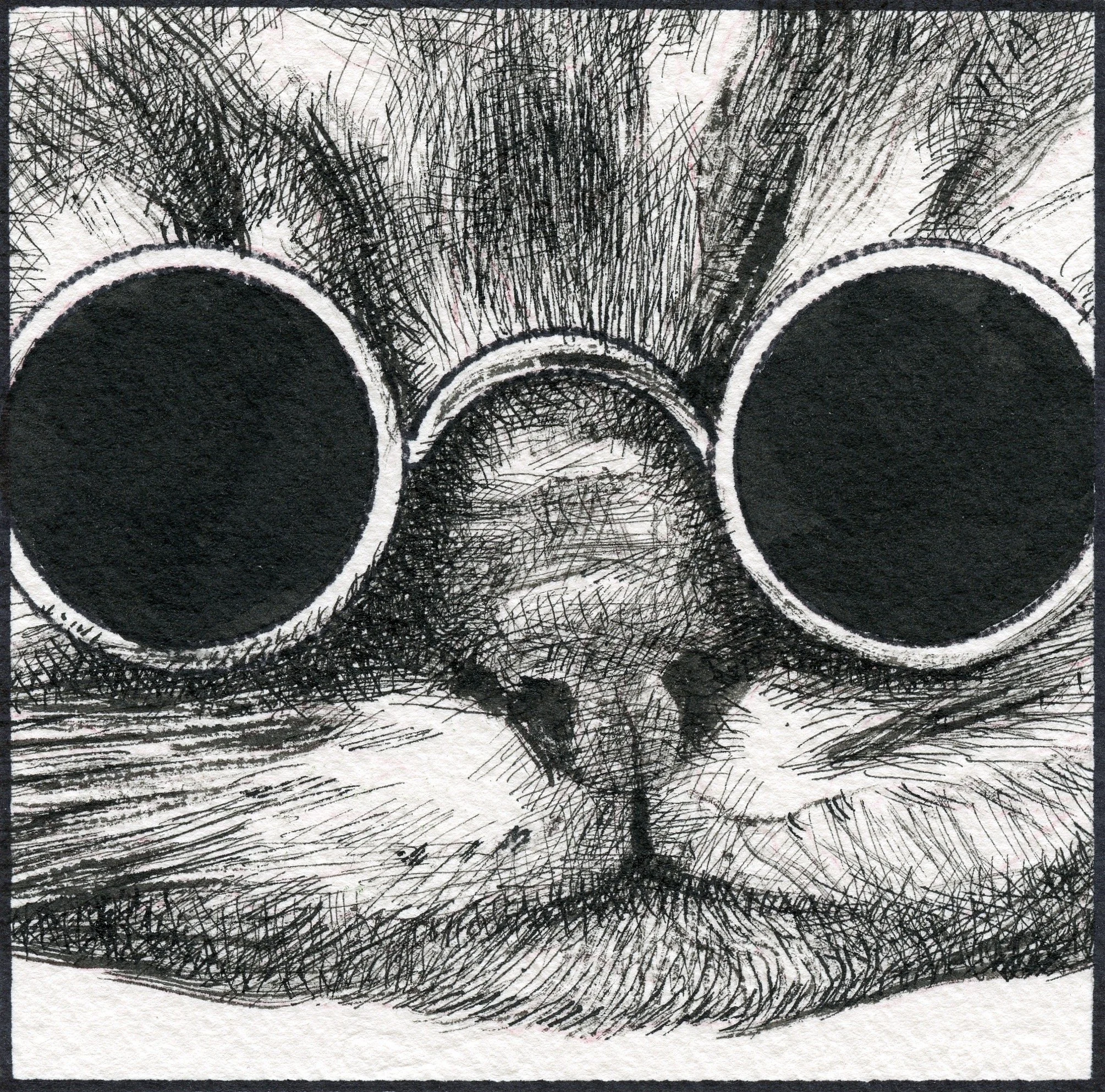 A detailed black and white sketch of a person's face wearing glasses, showing the nose and mustache.